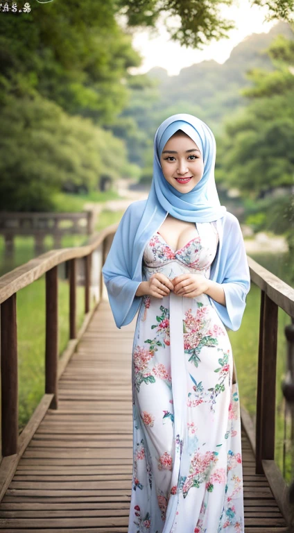 NSFW. Fashion model with hijab. 16 years old [[[[open cleavage]]]], [[[[boobgasm]]]], [[[[coll]]]], [[[[Shoulder]]]], perfect  eyes, Perfect iris，Perfect lips，perfect teeth，Perfect Skin，With fair skin，Soft front light，nfsw，Movie girl，lustfull smile, wearing floral white long hijab. seducting look. transparent light blue Immaculate ancient Chinese clothes，unbuttoned loose opened clothes, no bra, no underwear. showing breast and nipples, super transparent Ancient Chinese Long Dress，showing clitoris and vagina. The background is outdoors，Pavilion，small bridges，flowingwater，falls，Peach Blossom，4K Ultra HD, 超A high resolution, (Photorealistic: 1.4), Best Quality，masutepiece，Utra dilution, full body photo shot.