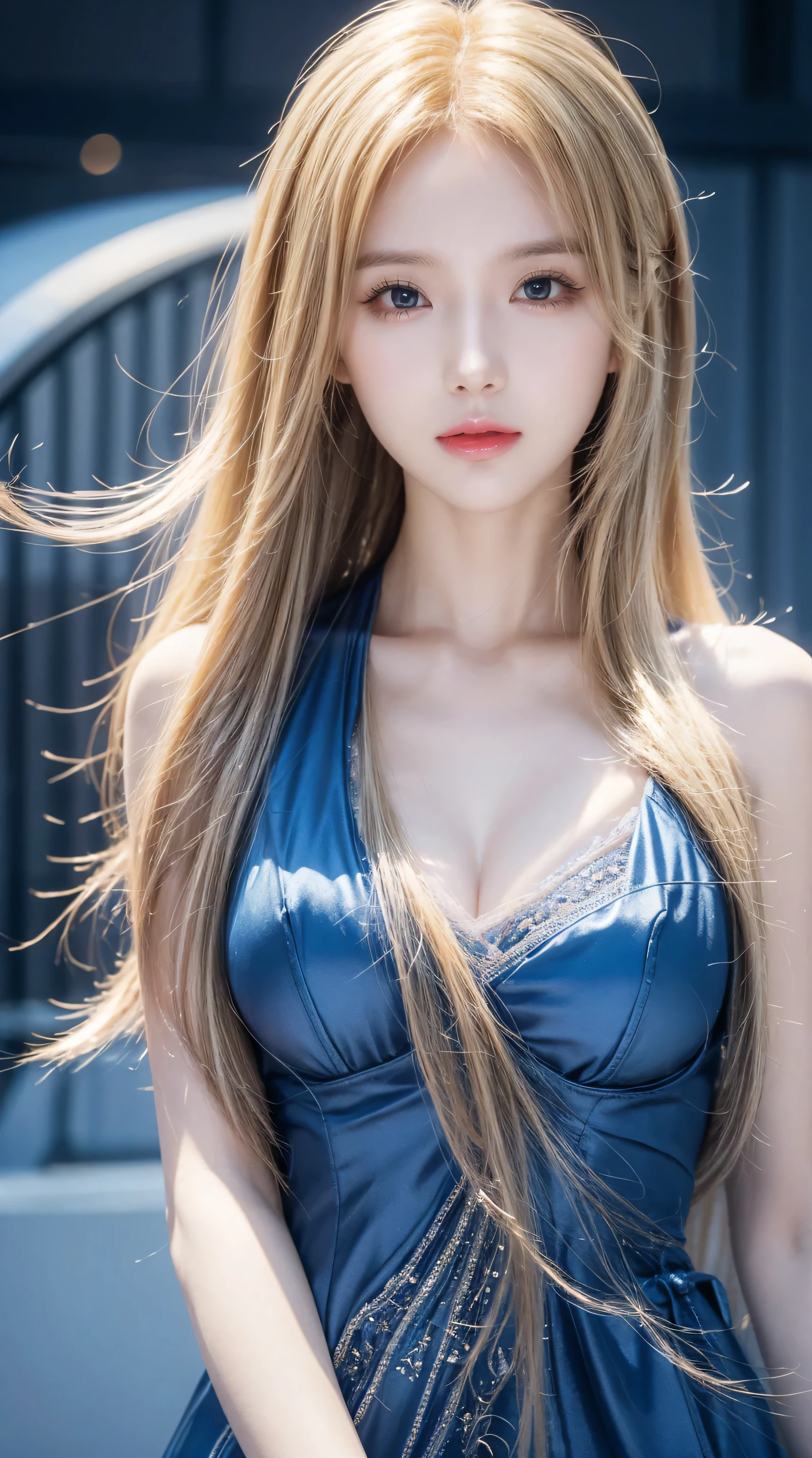 Blonde woman with long hair and blue dress posing for photo, Realistic anime art style, Realistic anime girl rendering, Smooth anime CG art, Anime realism style, Realistic art style, Realistic young anime girl, Gorgeous numbers, Realistic anime 3D style, Beautiful anime portrait, realistic anime artstyle, Close-up portrait, 3D animation realistic, anime style portrait