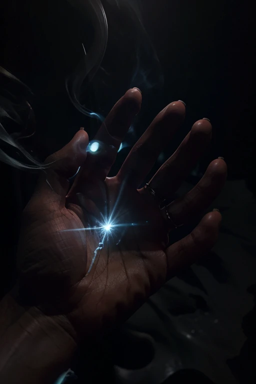 Subject:

A single, strong hand reaching upwards from darkness, with light emanating from the fingertips.
Style:

Dark and moody background, with a slight smoke or fog effect.
Realistic style with a focus on detail in the hand and the emanating light.
Use of cool colors like blues, purples, and blacks.
Additional details:

The hand could be wearing a simple leather wristband or have a single determined-looking ring.
The light emanating from the fingertips could have a subtle flame-like quality.