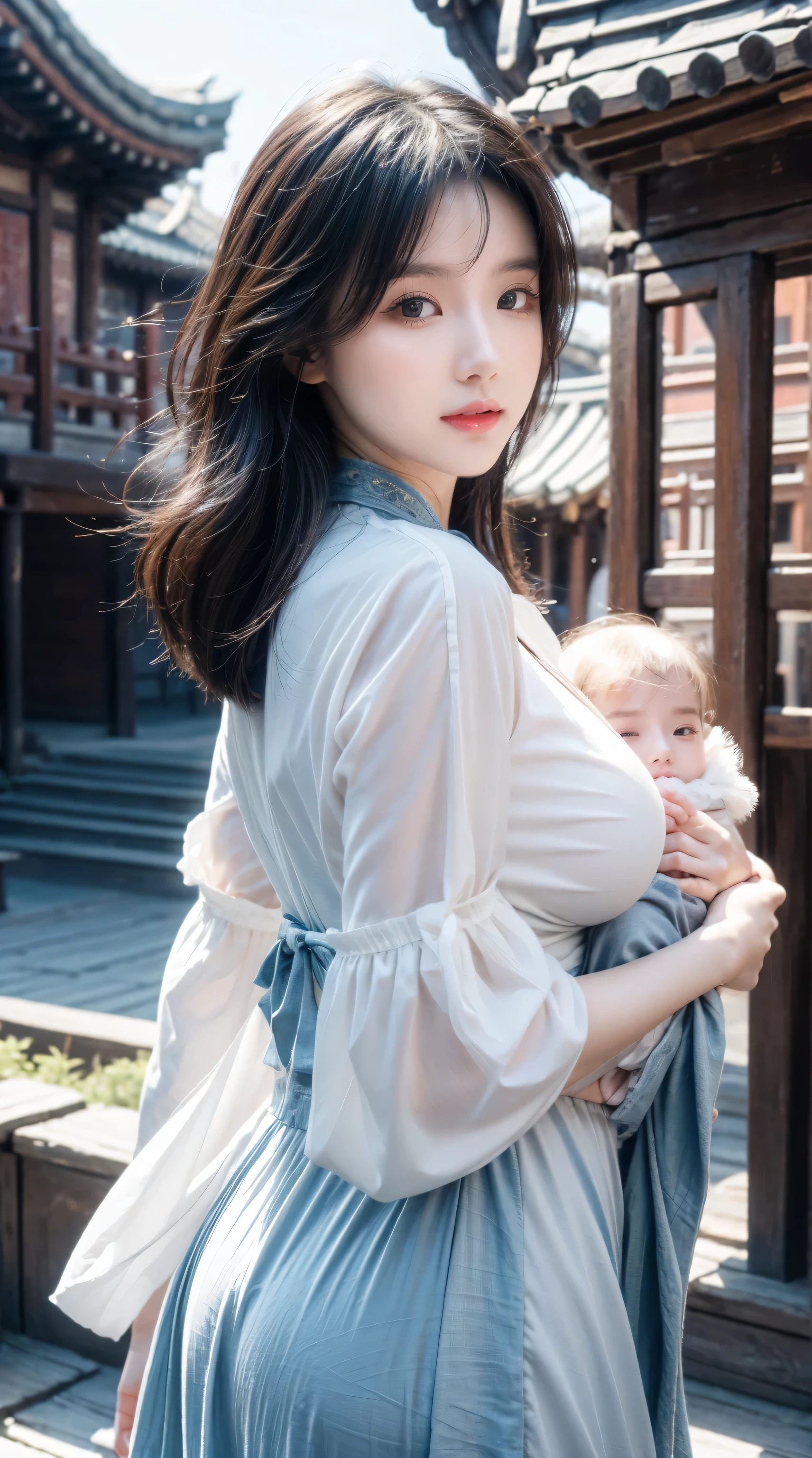 {{masterpiece, best quality, Extremely detailed CG, Unity 8K wallpaper, Movie Lighting}}, Traditional Chinese ink painting, 1 Girl, 1 baby, Young woman holding a baby, whole body, Ancient buildings, Blue sky, sunny, Wooden construction, Prominent protagonist, Smile, big eyes, Beautiful and delicate eyes, (Large Breasts, cleveage), Round butt, Looking at the audience, Long eyelashes,
