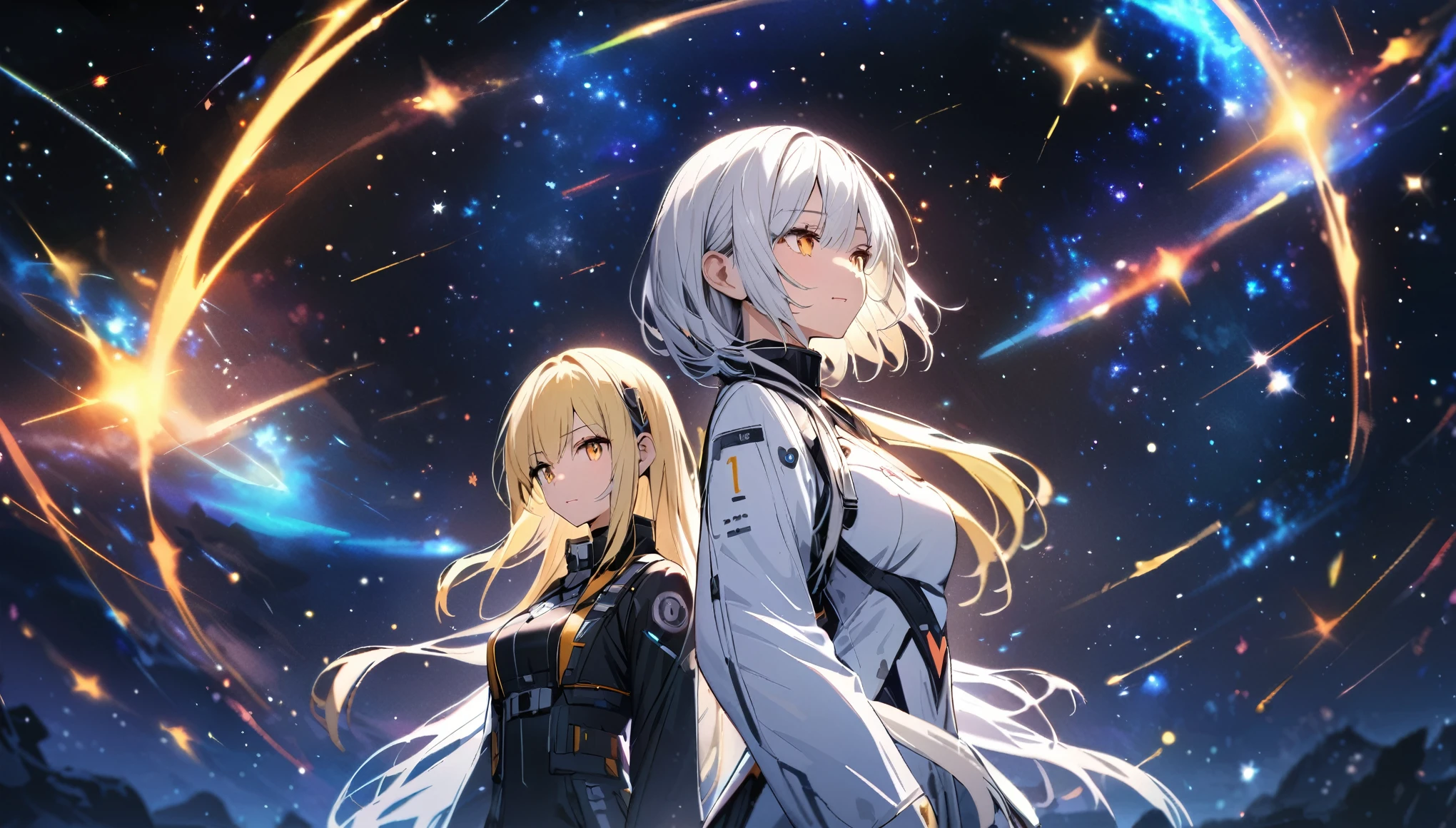 high resolution, 2girls, one has white hair while the other have short yellow hair, cosmic background, 4k, beautiful and detailed background