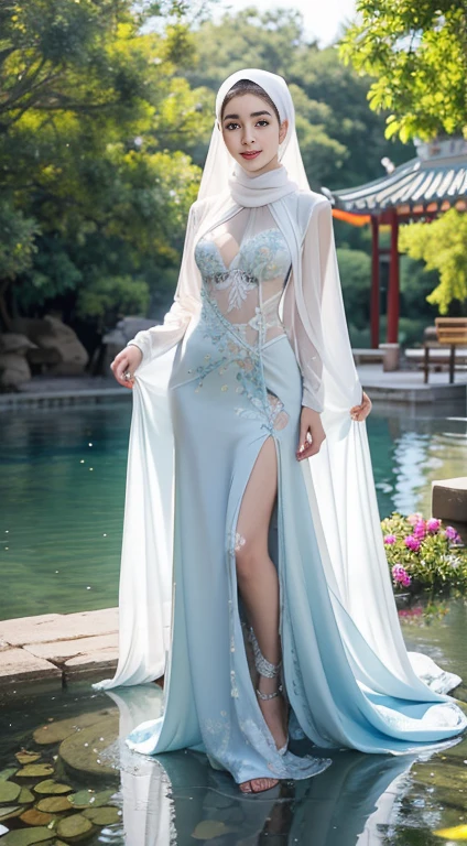 NSFW. Fashion model with hijab.  [[[[open cleavage]]]], [[[[boobgasm]]]], [[[[coll]]]], [[[[Shoulder]]]], perfect  eyes, Perfect iris，Perfect lips，perfect teeth，Perfect Skin，With fair skin，Soft front light，nfsw，Movie girl，lustfull smile, wearing floral white long hijab. seducting look. transparent light blue Immaculate ancient Chinese clothes，unbuttoned loose opened clothes, no bra, no underwear. showing breast and nipples, super transparent Ancient Chinese Long Dress，showing clitoris and vagina. The background is outdoors，Pavilion，small bridges，flowingwater，falls，Peach Blossom，4K Ultra HD, 超A high resolution, (Photorealistic: 1.4), Best Quality，masutepiece，Utra dilution, full body photo shot.