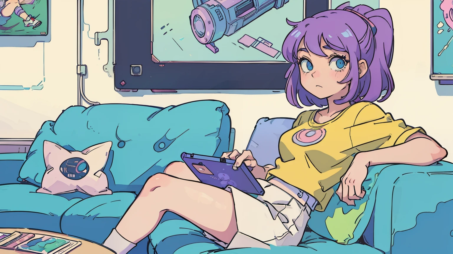 (masterpiece), (Best illustrations), 90s wind,Retro、2d animation, Cel painting, pastel colour, cyber punk、A girl sitting on a sofa and using a smartphone, Girl&#39;s Room, Black Stockings、The inside color is pink,Emo,Night view, Mellow, Lo-fi hip hop,  (highest quality), (Vaporwave Style), (Ultra-detailed), (Best illustrations), (Best Shadow),Perfect lighting, pale colour,fashionable