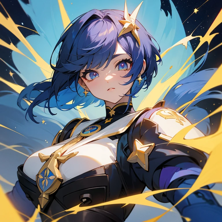 Chica de pelo corto negro con mechones azul pastel con ojos color rojos con pupilas de estrellas de 4 picos en color dorado estilo de genshin impact 