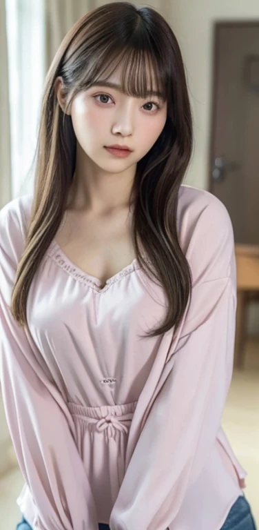 masterpiece, highest quality, 8k, 20th Generation, Large Breasts, cute, alone, sad, cute, Girlish, Delicate girl, Pure beauty,  RAW Photos, Professional photography, Portraiture, Soft Light, Professional Lighting, Backlight, Upper Body, avert your eyes, Sophisticated, Film Grain, (Eyes and facial details:1.0), Short floating hair, Beautiful, flowing hair, bangs, (Loose fitting blouse(pastel colour))、Jacket、(Large Breasts:1.0)、You can see a little cleavage、Dolly Makeup、Odd Eye、The colour of the left and right eyes are different