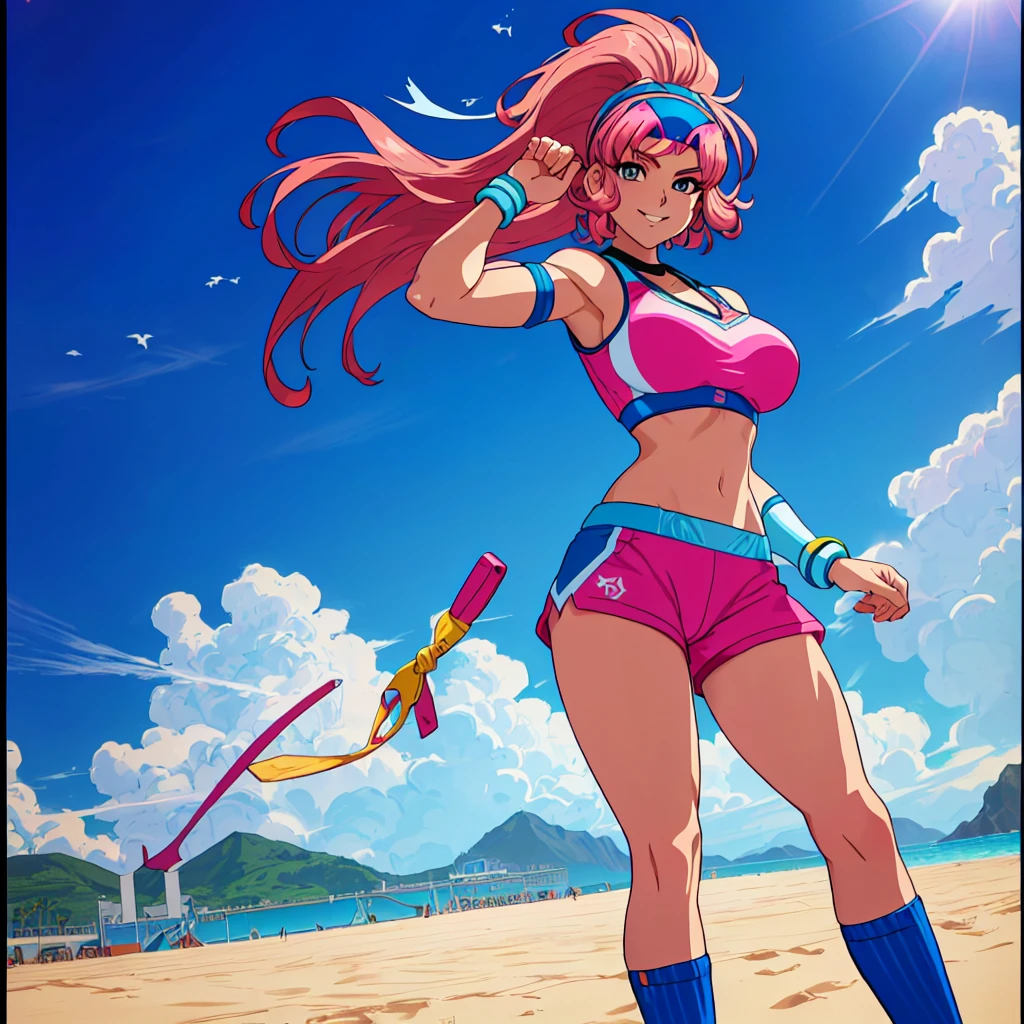 imagined a girl in extreme sport outfit playing to a flying disc game in a beach arena game sport, masterpiece, ultra-detailed, 80's anime (style), 2D, megapixel, perfectionism, full HD , 4K, (windjammers), windjammers sport game, windjammers 2 (((((solo mature anime woman,)))))++++++++++++++++++, looking at viewer, full body, brown hair and pink hair, short hair, weird hair, smile, lips, eyelashes, medium breasts, gym uniform, uniform, gym shorts, headband, sports bra, elbow pad, knee pad, extreme sports outfit 80's theme, beach background, playing flying disc game on a beach court game, sea, sun in the sky, sports wear