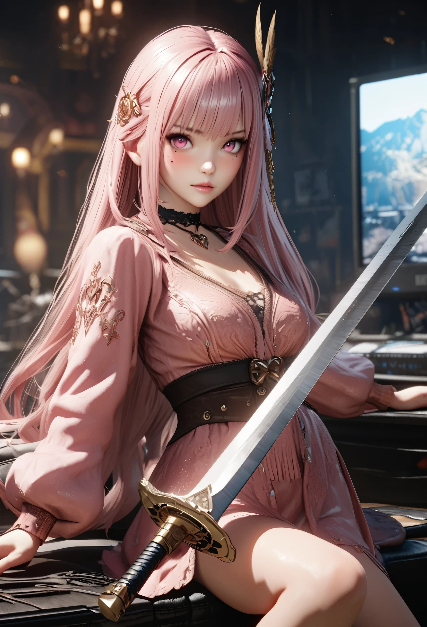 masterpiece,highest quality, Very detailed, High resolution, expensive resolution, High resolution, 4K, 8k, unity 8k wallpaper, Very detailed CG, masterpiece, Realistic, 2D, 3D, Beautiful details, depth, Fine texture , Super quality: 1.3, Fully focused, Crispy.skin, .he,
Very cute anime girl 、Cowboy Styleの衣装、Cowboy hat、Cowboy boots テキカン 荒野、Pink semi-long hair wearing expensive , One Girl、alone, Pink semi-long hair,  Cowboy Style、Cowboy hat、Long sword、duel、Cowboy boots、computer、disk、Mole under the eye, looking at the viewer , expensive , blush, Mole, Lips parted, hair ornaments, heart, Pink Eyes, choker