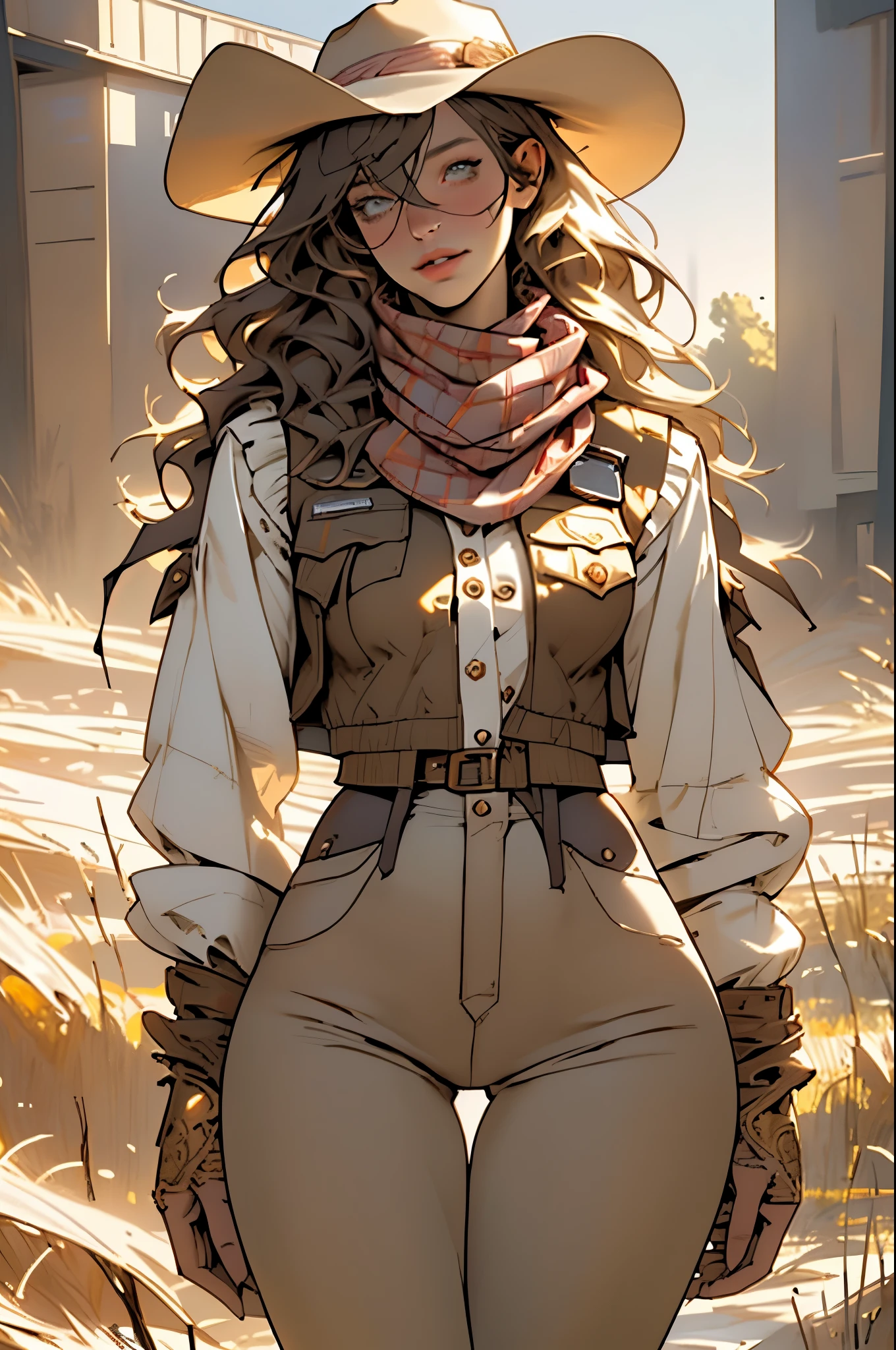 (highest quality, Super detailed, realistic:1.37), outdoor, girl, beautiful face, detailed and beautiful eyes, beautiful detailed lips, cowboy hat, vest with fringes, slim waist, slender thighs, thigh gap, slim thighs, show belly, pants, scarf, With confidence, medium chest, dusty farm landscape, golden hour lighting