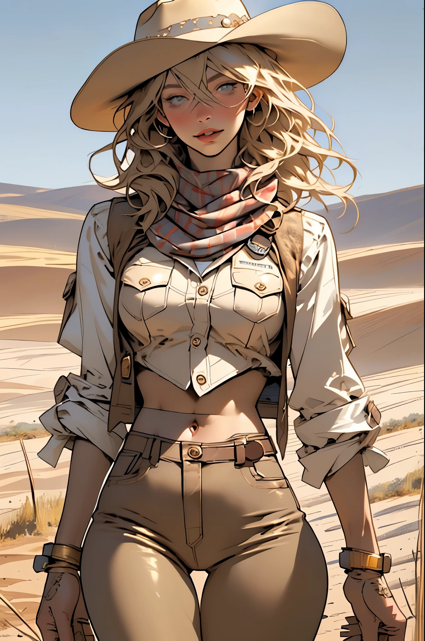 (highest quality, Super detailed, realistic:1.37), outdoor, girl, beautiful face, detailed and beautiful eyes, beautiful detailed lips, cowboy hat, vest with fringes, slim waist, slender thighs, thigh gap, slim thighs, show belly, pants, scarf, With confidence, medium chest, dusty farm landscape, golden hour lighting