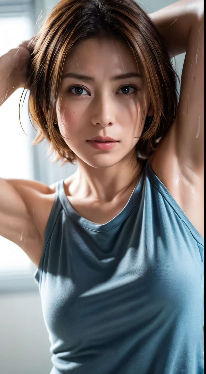 (Ultra HD、Ultra-high resolution、8k、Japanese Housewife、In the kitchen)、Attention in the armpits、((Look Viewer:1.8))、(Extremely realistic skin texture:1.4)、(Realistic:1.3)、short hair、(smile:0.5)、(blonde:1.4)、40-year-old woman、Ponytail hairstyle、(Lift one arm and show your armpit:1.3)、(Face close-up:1.32)、(Sweat:1.4)、good、camisole