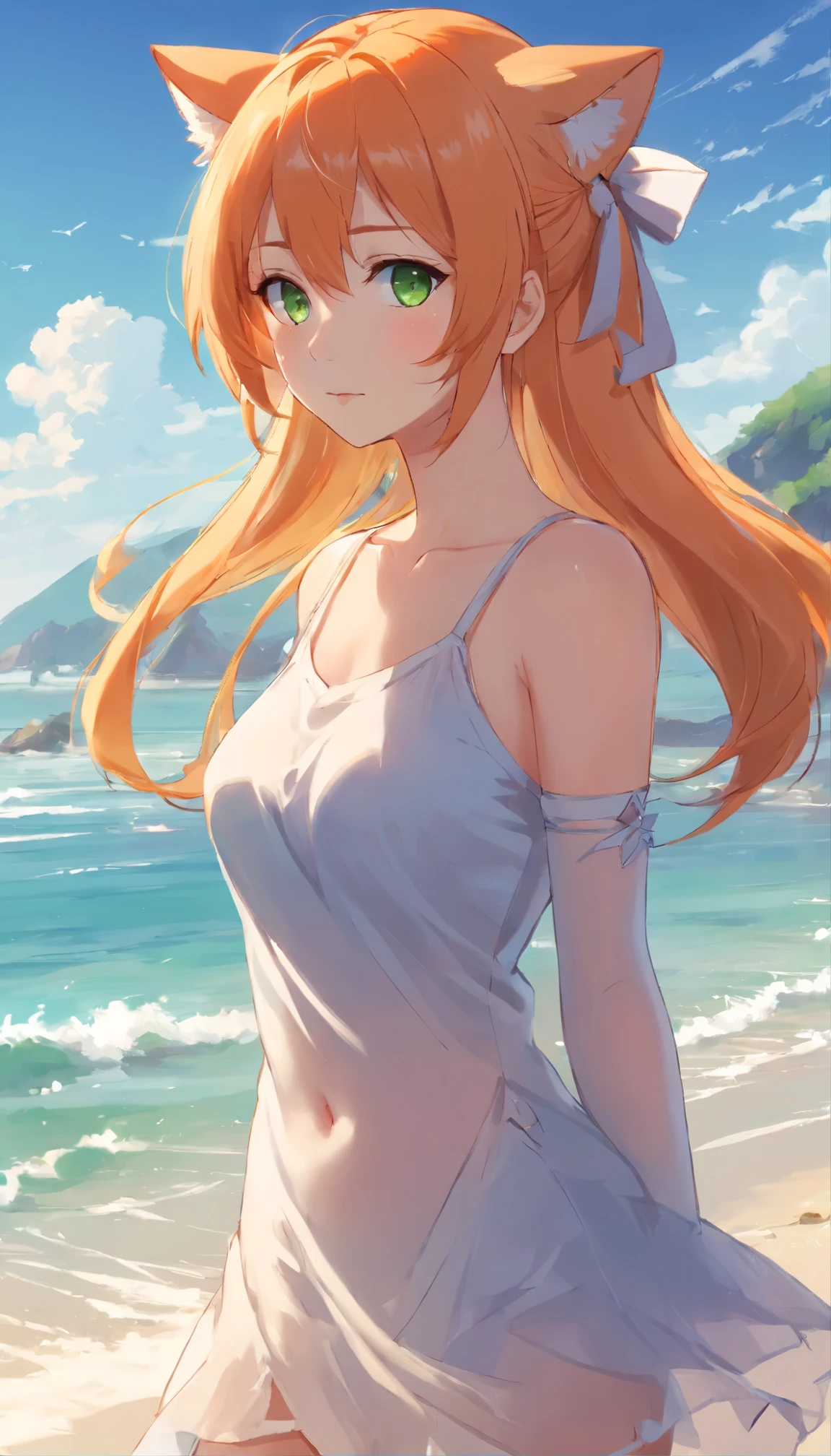 anime girl with long orange hair standing on beach near ocean, green eyes detailed digital anime art, cat ears, , anime girl with long hair, smooth anime cg art, anime girl with long hair, digital anime art, artwork in the style of guweiz, beautiful anime portrait, photorealistic anime girl render, beautiful anime girl, advanced digital anime art, pantyhose, guweiz on artstation pixiv upscale HD UHD HQ
