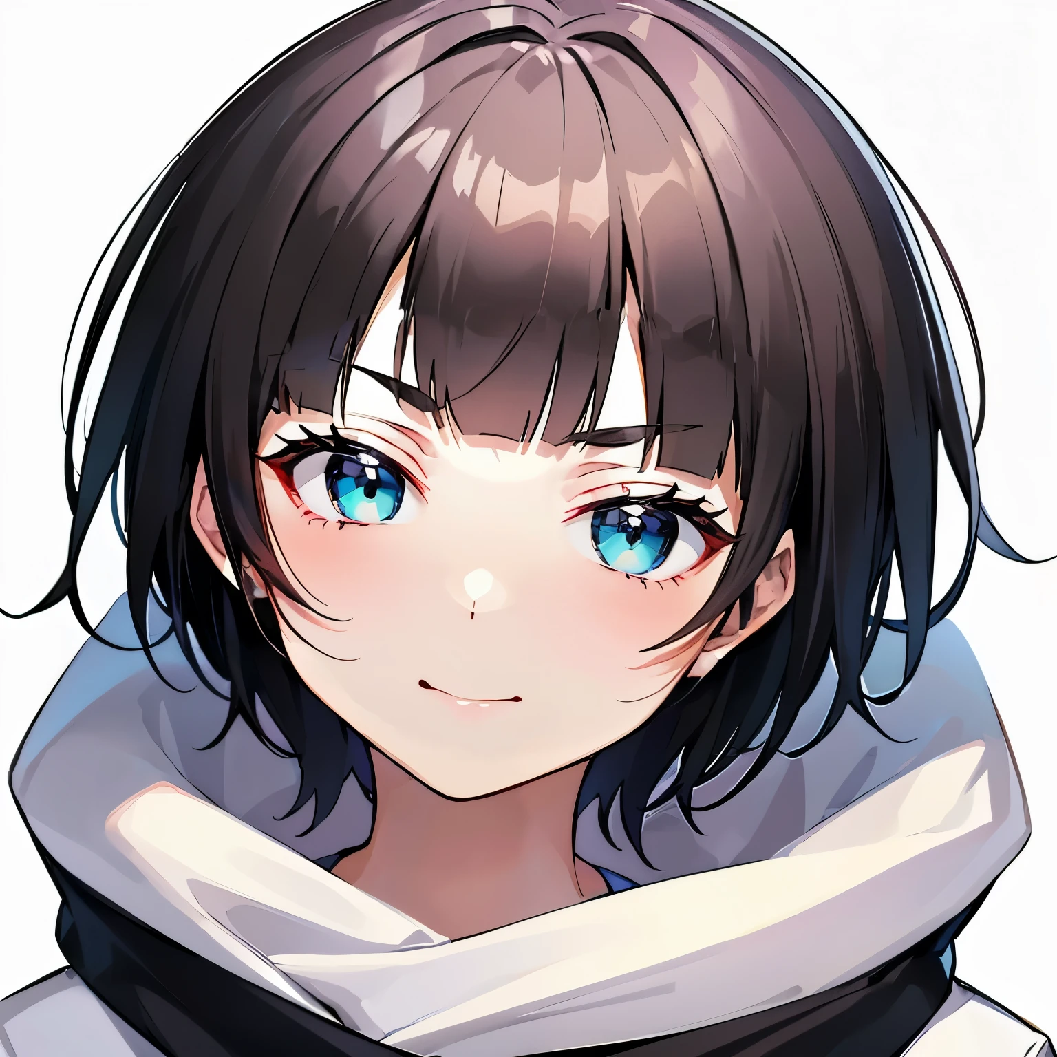 ((1 beautiful girl)), ((solo:1.3)),((blunt bangs)),((black hair)),((Blue eyes)), ((shoulder length hair:1.2,short hair)),************, , ((white background:1.3)),((See here)),((head shot)), 
BREAK ((v-shaped eyebrows))