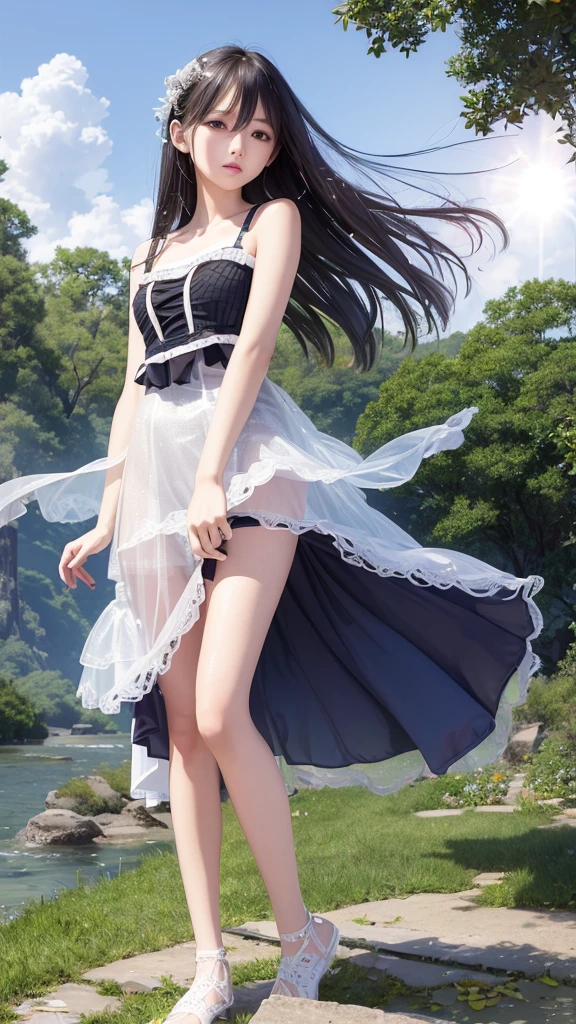 Masterpiece、highest quality、High resolution、highest qualityのシャドウ、High Quality Textures、Lens flare、Detailed and delicate、Slender beauty、(See-through)、Wet、High leg cut、Mini skirt soaring in the wind、Lift-up skirt
