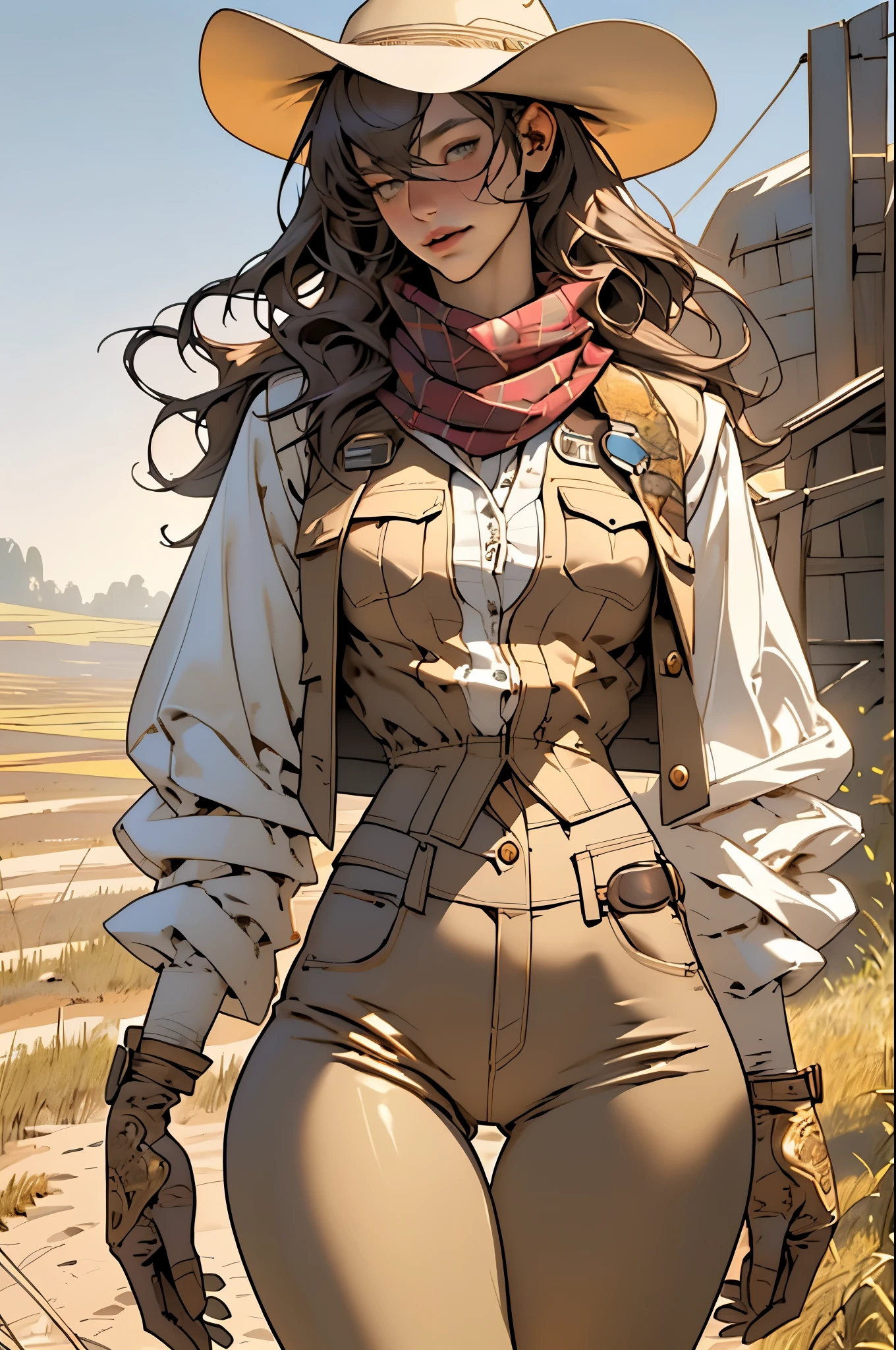 (highest quality, Super detailed, realistic:1.37), outdoor, girl, beautiful face, detailed and beautiful eyes, beautiful detailed lips, cowboy hat, vest with fringes, slim waist, slender thighs, thigh gap, slim thighs, show belly, pants, scarf, With confidence, medium chest, dusty farm landscape, golden hour lighting