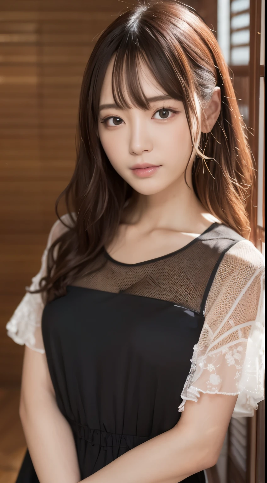 masterpiece, 1 beautiful girl, Fine grain, Puffy eyes, highest quality, 超High resolution, (reality: 1.4), Cinema Lighting, Japan, Asian Beauty, Korean, so beautiful, Beautiful Skin, thin, Body facing forward, (Ultra-realistic), (High resolution), (8k), (Very detailed), (Best illustrations), (beautiful and Fine grain), (Very detailed), (wallpaper), Detailed face, Bright lighting, Professional Lighting, Looking at the audience, Look straight ahead, The outfit is a beautiful light orange shirt and dress., 46 point diagonal bangs, Night view, Black Hair (Orange hair with mesh), Nogizaka46, Asuka Saito,