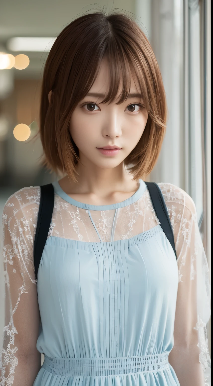 masterpiece, 1 beautiful girl, Fine grain, Puffy eyes, highest quality, 超High resolution, (reality: 1.4), Cinema Lighting, Japan, Asian Beauty, Korean, so beautiful, Beautiful Skin, thin, Body facing forward, (Ultra-realistic), (High resolution), (8k), (Very detailed), (Best illustrations), (beautiful and Fine grain), (Very detailed), (wallpaper), Detailed face, Bright lighting, Professional Lighting, Looking at the audience, Look straight ahead, The outfit is a beautiful light orange shirt and dress., 46 point diagonal bangs, Night view, Black Hair (Orange hair with mesh), Nogizaka46, Asuka Saito,