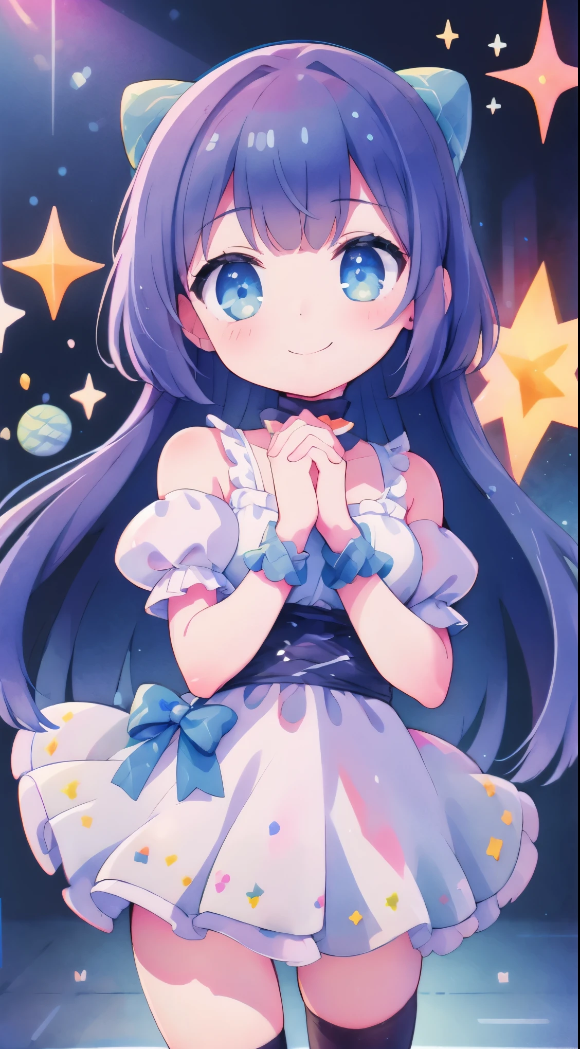 masterpiece，最high quality，超スペシャルcute，cute，smile，Touching face with both hands，Shineピンクの髪_Twin Drill Tail，Chibi Character，Princess Fashion，pastel，ribbon，Frills，Shine，mysterious，high quality，Beautiful graphics，Super detailed，Entering the rings of a planet