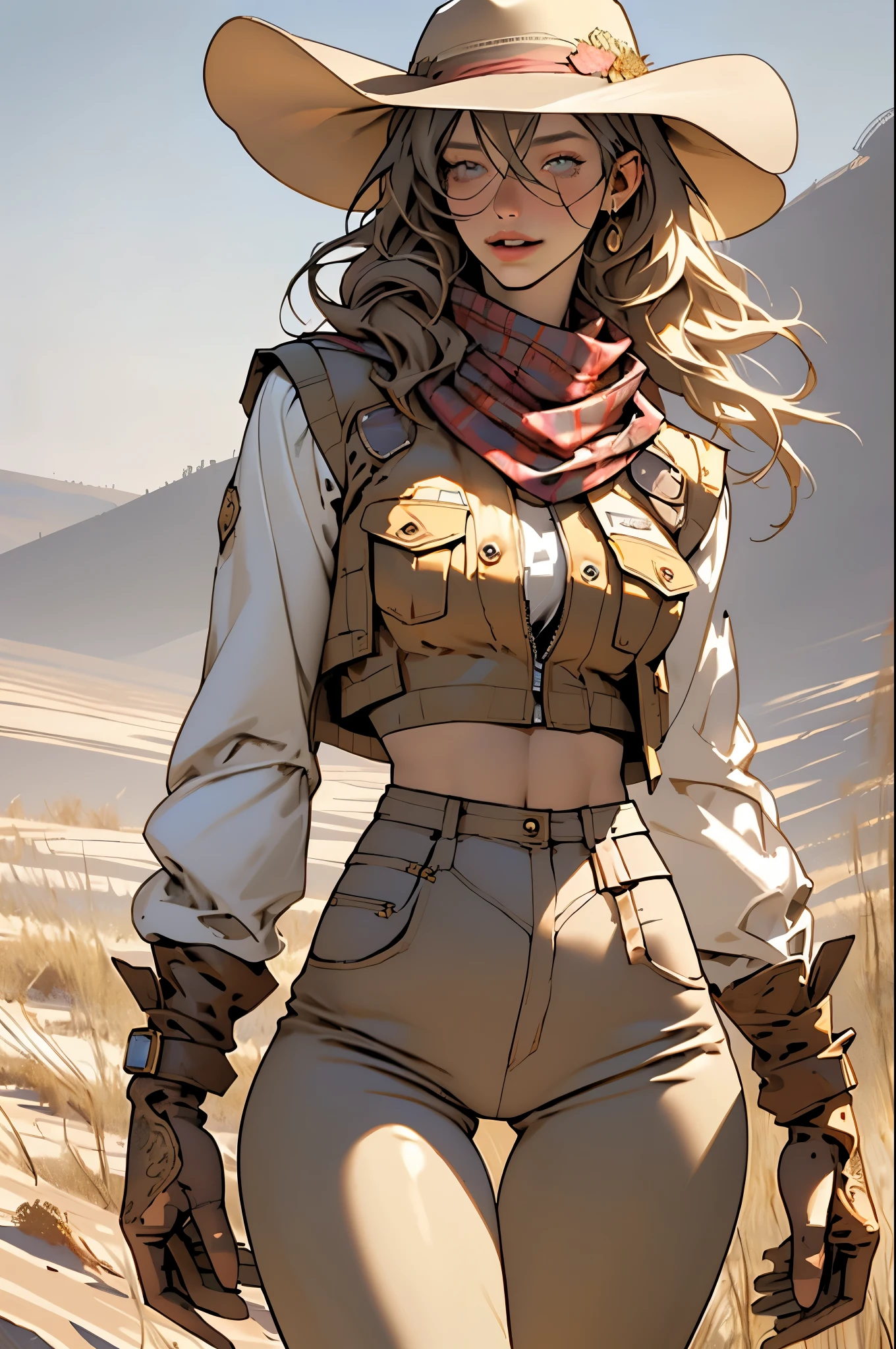 (highest quality, Super detailed, realistic:1.37), outdoor, girl, beautiful face, detailed and beautiful eyes, beautiful detailed lips, cowboy hat, vest with fringes, slim waist, slender thighs, thigh gap, slim thighs, show belly, pants, scarf, With confidence, medium chest, dusty farm landscape, golden hour lighting