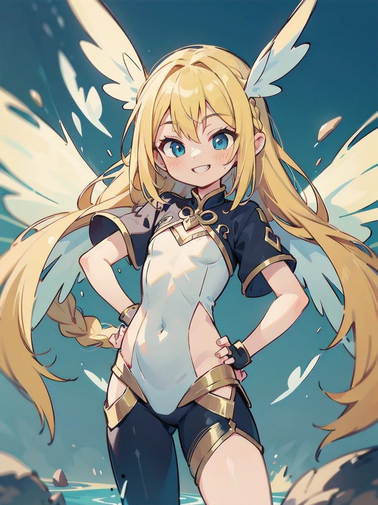 fantasy art, flying fairy girl, wearing fairy wings, blond hair, braid hair, grin, chest arched, one hand on hip, one hand fist on chest, satisfied smile, from front, vivid clolor, high-saturation, best-quarity,
