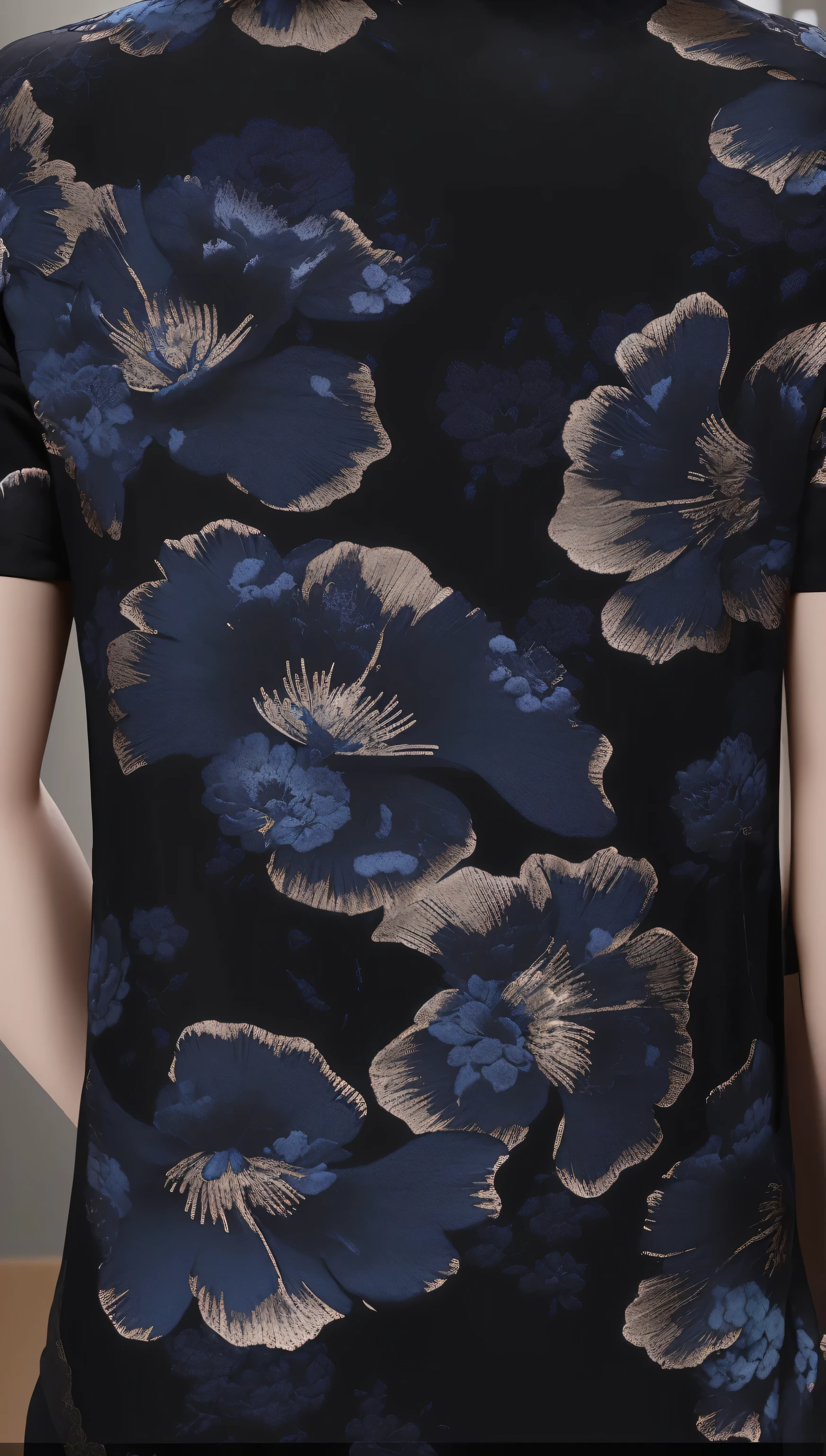 arafed image of a woman wearing a black and blue Floral shirt, blueprint, Jin brocade dark blue clothes, dark blue decorative clothing, Floral details, Detailed enlargement of photo, chiffon, " Sensual, Graphic details, Inspired by Liu Haisu, exquisite Floral details, cheongsam, Floral, Rich details, detailed picture, summer, Very detailed