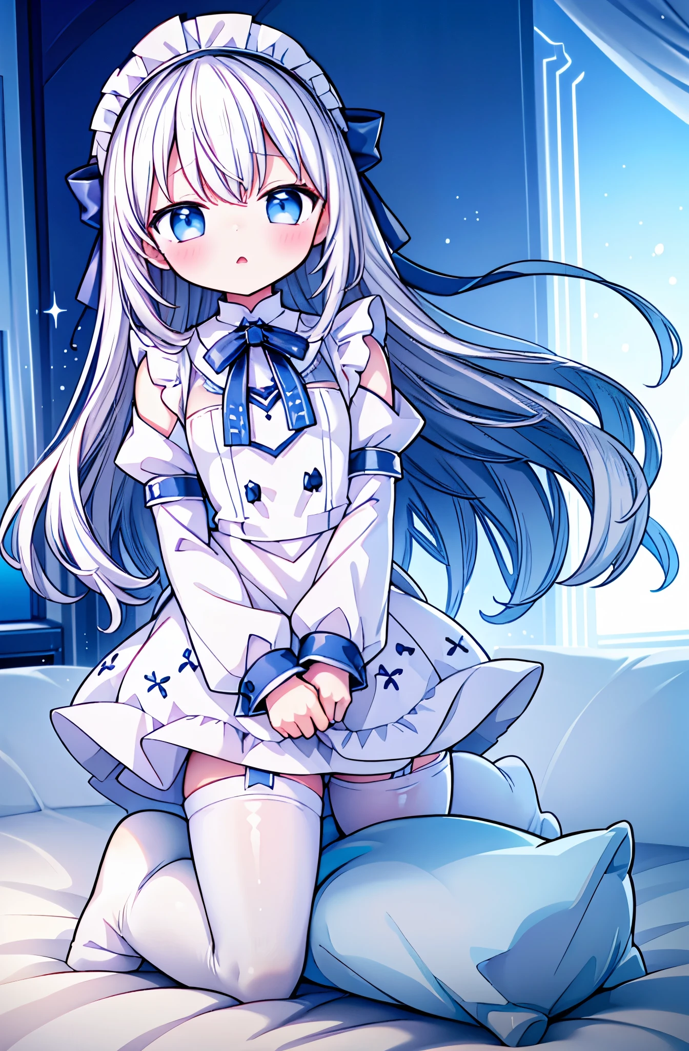 Long white hair，blue eyes，Light blue dress，On the bed，White pantyhose，，maid outfit，shy，blush，Loli kneeling，Legs tucked under blanket