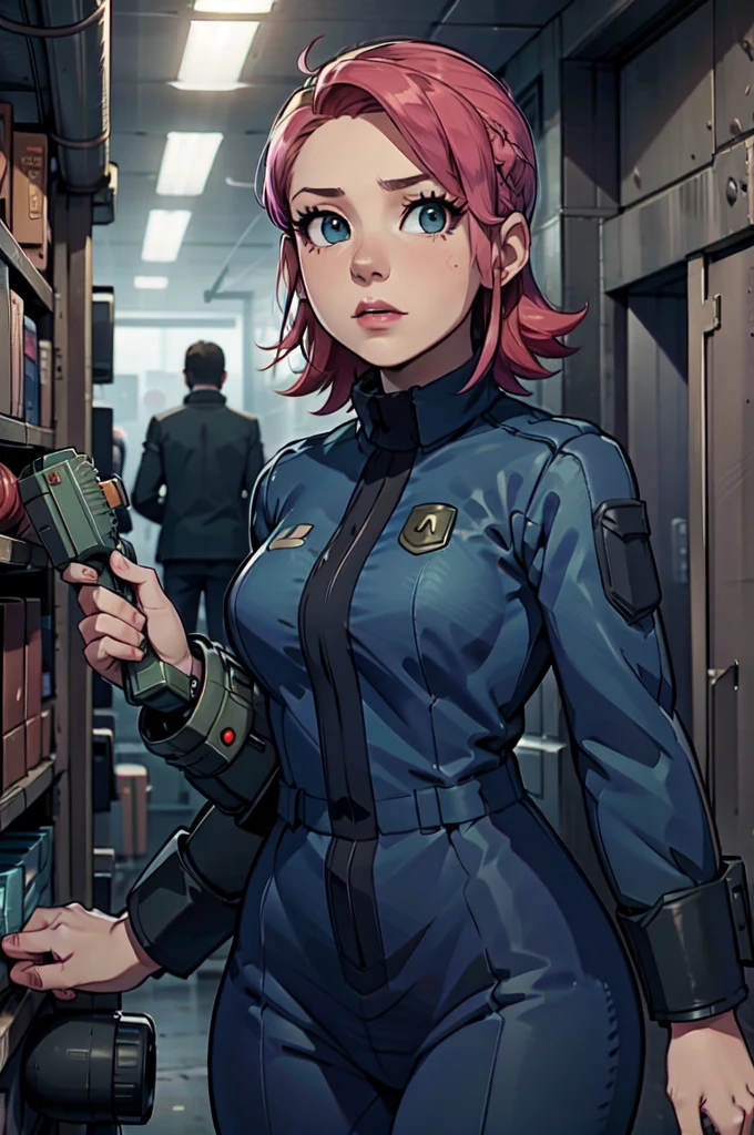 Mayl Sakurai reimagined as a vault dweller, doing maintenance in an underground vault. Her vibrant pink hair stands out against the dimly lit environment. She is a 26-year-old woman dressed in a vault dweller jumpsuit, indicative of her role in the post-apocalyptic world. The jumpsuit is worn but still functional, reflecting the harsh conditions of life underground. Her face is beautifully detailed, with expressive eyes that convey determination and intelligence. Her lips are also well-defined, adding to her overall allure.

In the vault, Mayl Sakurai is seen operating a pipboy, a wrist-worn device that serves as an essential tool and information hub for survival in the vault. The pipboy's screen emits a soft glow, illuminating Mayl's face and casting a subtle green hue on the surroundings. The details on the pipboy, from its buttons to its display, are extremely detailed, showcasing its futuristic design.

The underground vault is filled with mechanical equipment and pipes, emphasizing the importance of maintenance in this post-apocalyptic world. The atmosphere is gritty and industrial, with a hint of mystery and danger. The lighting is dim and has a hint of blue tones, enhancing the underground ambiance.

Despite the grim surroundings, Mayl Sakurai exudes confidence and strength as she jumps into action, ready to fulfill her duties as a vault dweller. Her posture and expression suggest that she is prepared to face any challenge that comes her way.

The image quality should be at its best, with 4K resolution and ultra-detailed rendering, capturing every intricate detail of the scene. The colors should be vivid, emphasizing the contrast between Mayl's vibrant pink hair and the dimly lit environment. The overall style should lean towards a post-apocalyptic concept art aesthetic, blending realism with a touch of fantasy.

In summary, the Stable Diffusion prompt for the provided theme would be:
Mayl Sakurai reimagined as a vault dweller, doing maintenance in an undergr