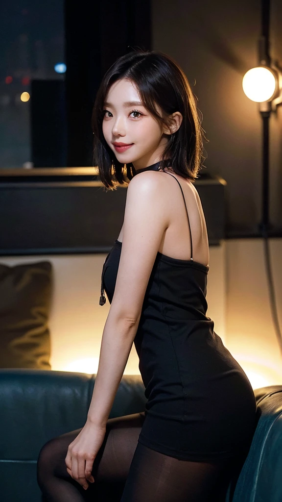 sc1, couch, scenery, table, indoors, night sky, low_light, depth of field, from from side, sitting,, ultra detailed, masterpiece, best quality, aesthetic, detailed,, solo, soft smile, light smile,
1girl, (hostess:1.5, Golden lighting、Black short hair, tight mini dress), choker necklace, pantyhose