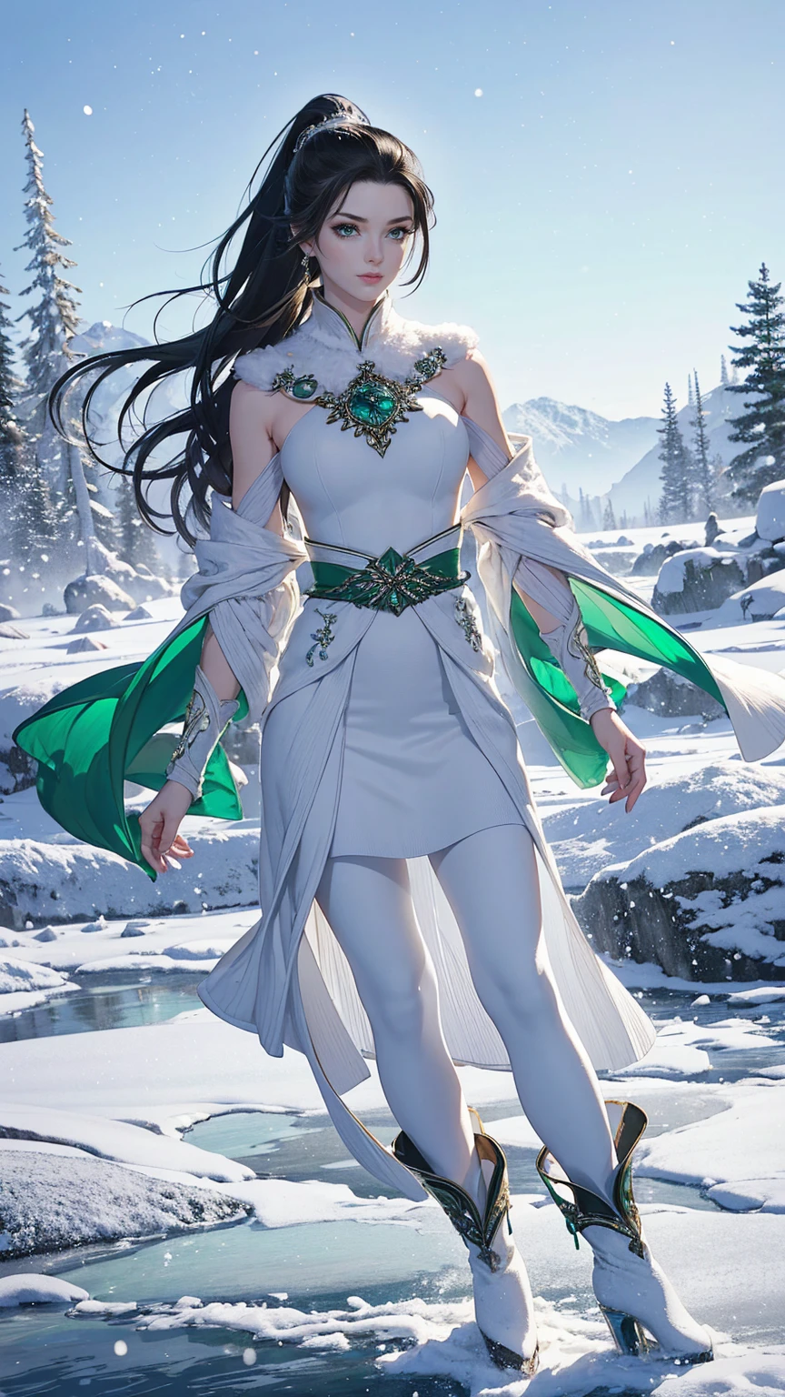 (masterpiece, best quality, high resolution, ultra-detailed), (beautiful and aesthetically pleasing: 1.2), 1 woman, adult, female focus, perfect body, ((black hair)), (( long wavy ponytail hair)), (((green eyes))), ((big ice castle)), full body, ice, icicles, snow, snowdrifts, frozen river, the sun reflects off the ice, long sweater dress, shawl, leggins, fur-trimmed boots, winter forest 