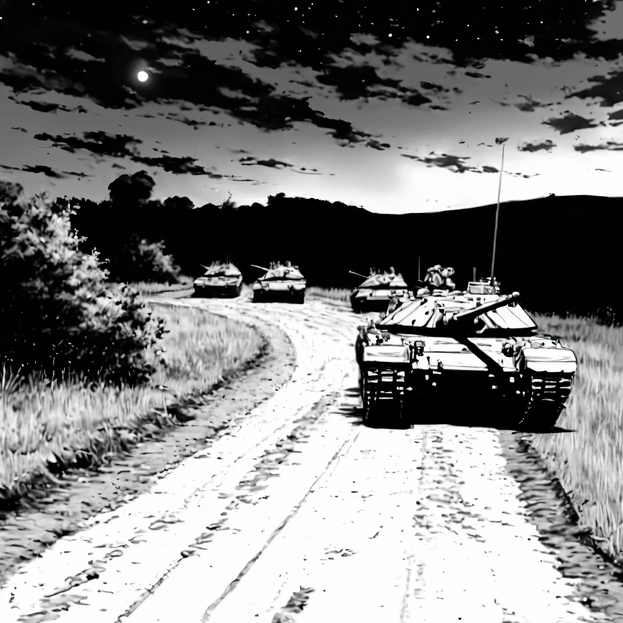 hyper realism photo, realism detail, accurate, precise, too real, photograph, black and white, tanks in nature, 