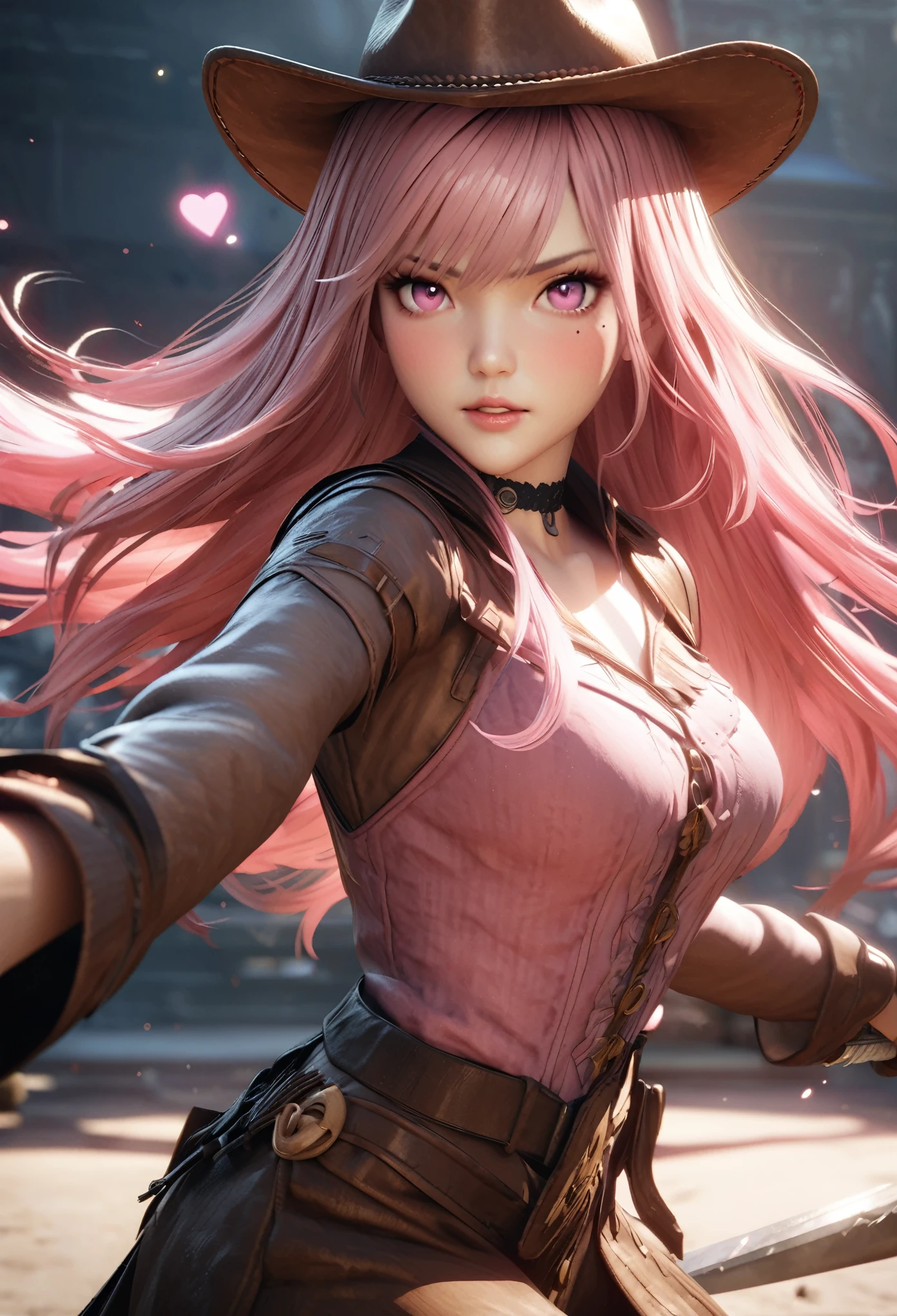 masterpiece,highest quality, Very detailed, High resolution, expensive resolution, High resolution, 4K, 8k, unity 8k wallpaper, Very detailed CG, masterpiece, Realistic, 2D, 3D, Beautiful details, depth, Fine texture , Super quality: 1.3, Fully focused, Crispy.skin, .he,
Very cute anime girl 、Cowboy Styleの衣装、Cowboy hat、Cowboy boots テキカン 荒野、Pink semi-long hair wearing expensive , One Girl、alone, Pink semi-long hair, Cowboy Style、Cowboy hat、Long sword、duel、Cowboy boots、computer、disk、Mole under the eye, looking at the viewer , expensive , blush, Mole, Lips parted, hair ornaments, heart, Pink Eyes, choker