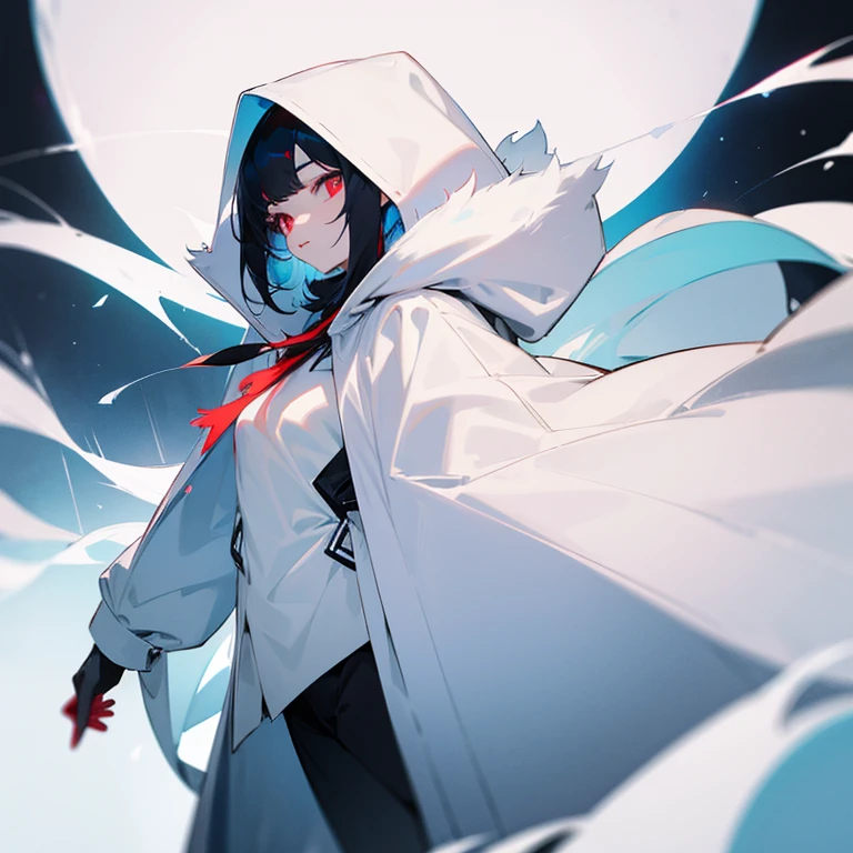 Black haired girl with pastel blue locks with red eyes pale skin wearing a white coat with black fur hood