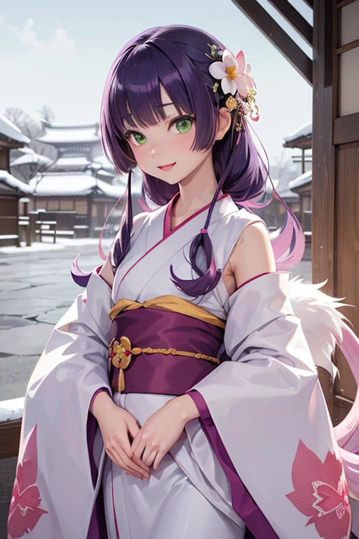 Very detailed CG Unity 8K wallpaper, Cute One lady, Mature hair、lady ,beautiful lady, pale skin (Super masterpiece, Beautiful person, well detailed face polluted smile, Photorealistic, hyper realisitic), Colorful winter kimono in pink and white colors、(white fur)、Japanese Style Hair Accessories、smile、Japanese background with light pink flowers and snow、Portrait、(ref Eyes)、(flat chest:1.2)、(Glowing Skin:1.7)、Detailed eyes、Big eyes、Open your mouth、Hide your arms、(shinobu miyake:1.5), long hair, bangs, purple hair, (green eyes:1.5),