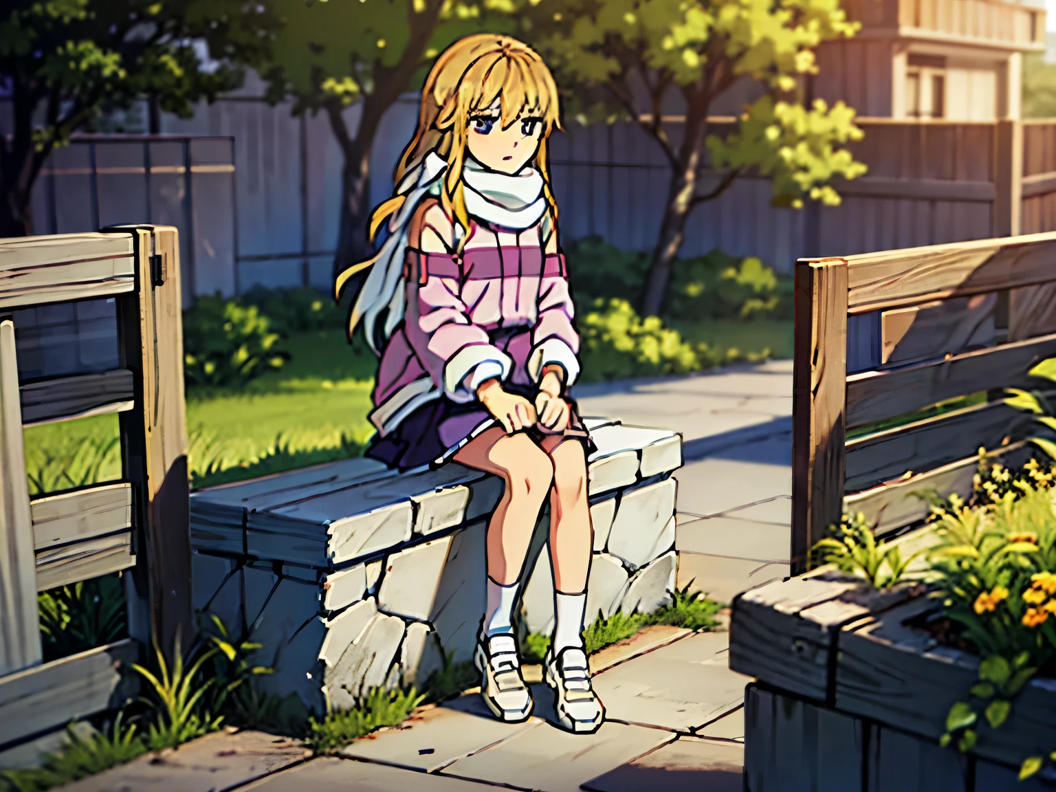 lucy from chrono ark, 1girl, solo, small breast, short height, soft smile, looking at viewer, blurry background, outdoors, full body, slim, ((masterpiece)), best quality, high detailed illustration, high detailed background, hi-res, standing, upper body, purple jacket, black short skirt, white scarf, legs together, sitting, bare feet