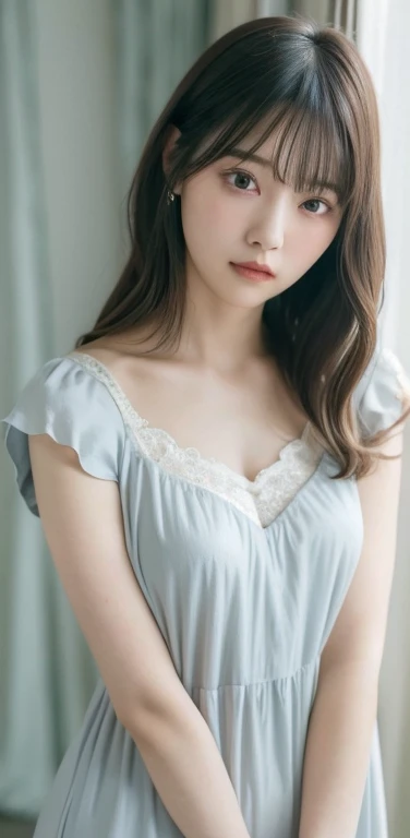 masterpiece, highest quality, 8k, 20th Generation, Large Breasts, cute, alone, sad, cute, Girlish, Delicate girl, Pure beauty, RAW Photos, Professional photography, Portraiture, Soft Light, Professional Lighting, Backlight, Upper Body, avert your eyes, Sophisticated, Film Grain, (Eyes and facial details:1.0), Short floating hair, Beautiful, flowing hair, bangs, (Loose nightgown(pastel colour))、(Large Breasts:1.0)、You can see a little cleavage、Dolly Makeup、Odd Eye、The colour of the left and right eyes are different