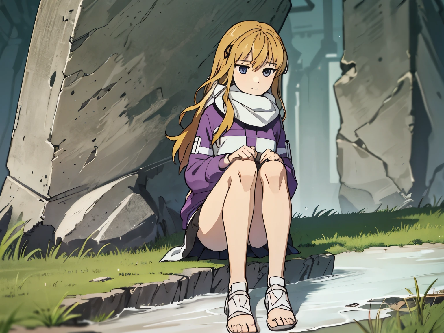 lucy from chrono ark, 1girl, solo, small breast, short height, soft smile, looking at viewer, blurry background, outdoors, full body, slim, ((masterpiece)), best quality, high detailed illustration, high detailed background, hi-res, standing, upper body, purple jacket, black short skirt, white scarf, legs together, sitting, bare feet