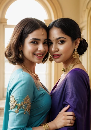 two women in colorful saris standing on a staircase way, india,highly detailed face, realistic eyes, eye cintact, cute smile, laughing hard, trending perfact cute face,30 year, sari, draped in silky purple and gold, draped in purple and gold silk, green magenta and gold, wearing a sari, wearing sari, colourful, with beautiful colors, hindu, flowing aqua silk, beautiful look, festival of rich colors, mid shot portrait, cyan and gold scheme