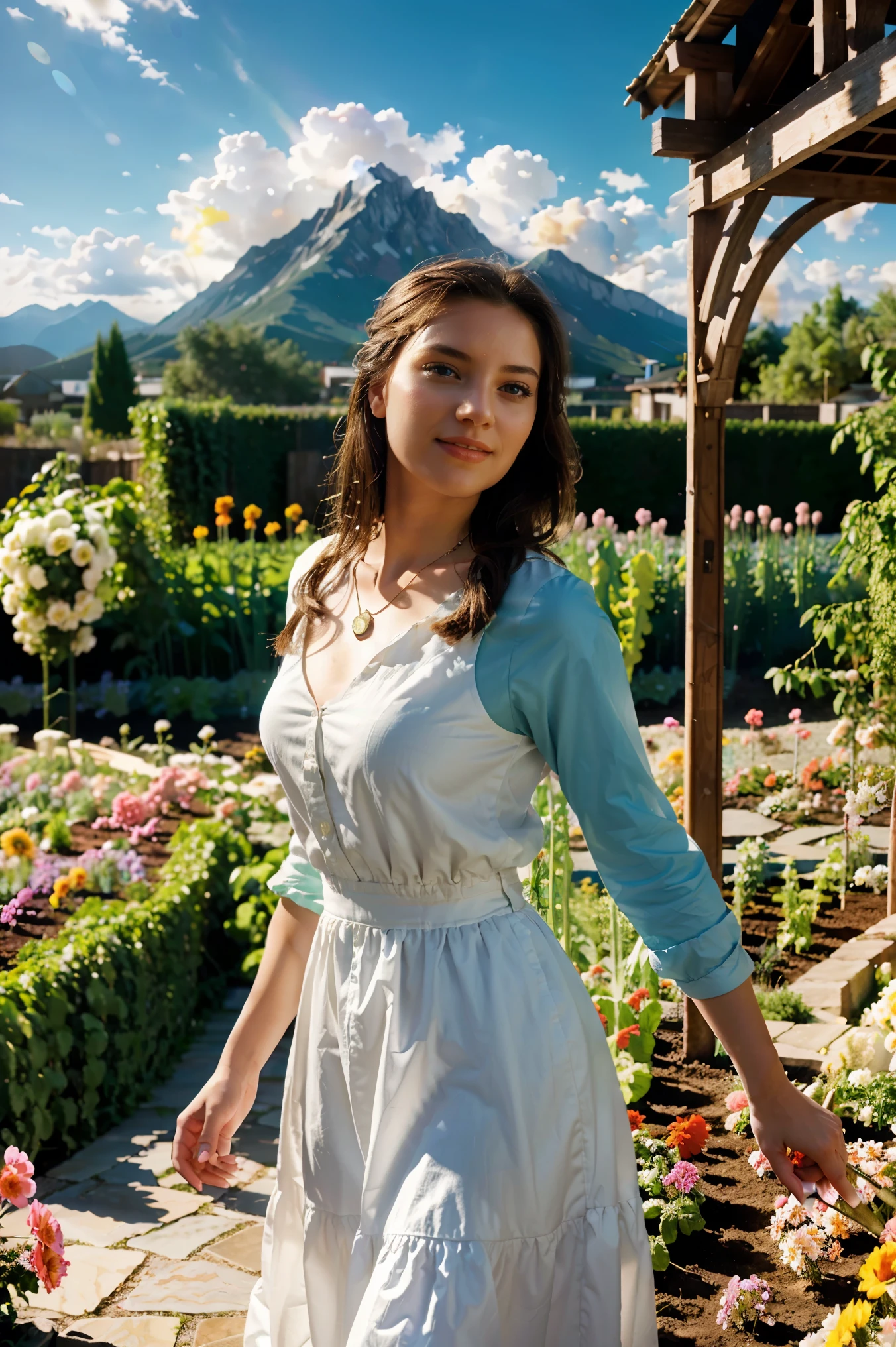 1 girl, Dynamic Angle, Clouds and mountains, (garden: 1.4) prospect, White Dress, Light Tracing, (Floating colorful wind: 1) (Realistic: 1.4), Official Art, Unity 8K Wallpaper, Super detailed, Beautiful and beautiful, masterpiece, highest quality, Glowing Skin, Cinema Lighting, A light smile, necklace