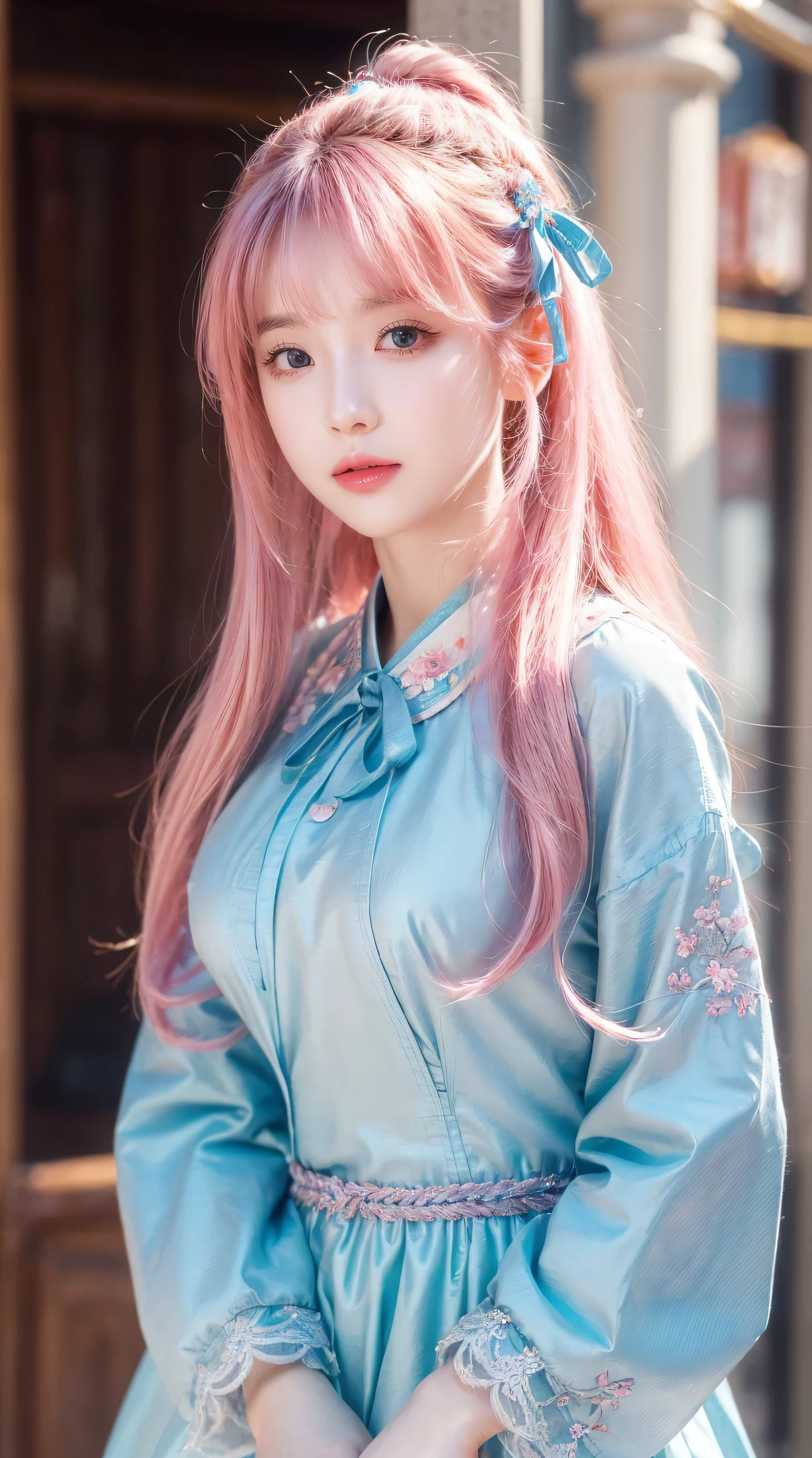 (finely detailed beautiful eyes and detailed face,masterpiece sidelighting,masterpiece,best quality,detailed,High resolution illustrations),, (1 Girl,whole body,beautiful girl,Glowing skin,look down,Looking at the audience),, (Pink Hair,blue eyes,ribbon,Hanbok, korean clothes), (wearing clothes_Lower Bust:1.2),Lower breasts,