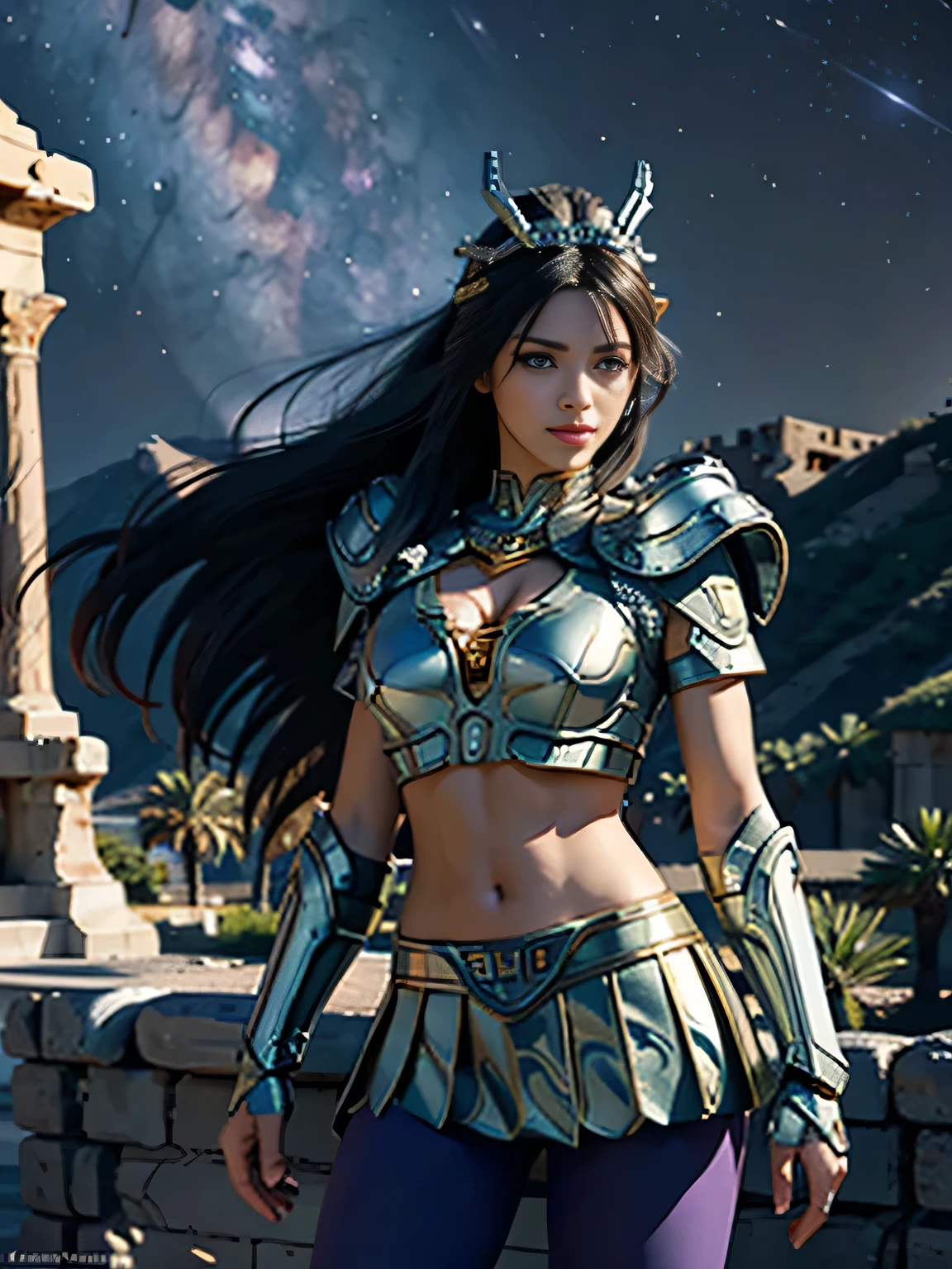 masterpiece, best quality, Ultra-high resolution, Realistic skin texture, armature, (Reality:1.4), high resolution, original photo, Glowing skin, Realistic skin texture, Optimal lighting, spark, Dramatic Lighting, Dynamic poses, (Greek temple background:1.3), Night Sky, universe, Milky Way, 1 Girl, (Mid-chest:1.1), Balanced Eyes, Dragon Zilong wearing green and silver armor, Purple pants, purple short sleeve shirt, Wearing a dragon helmet, Roman skirt, (chest:1.5), Very long hair, shield, cleveage,