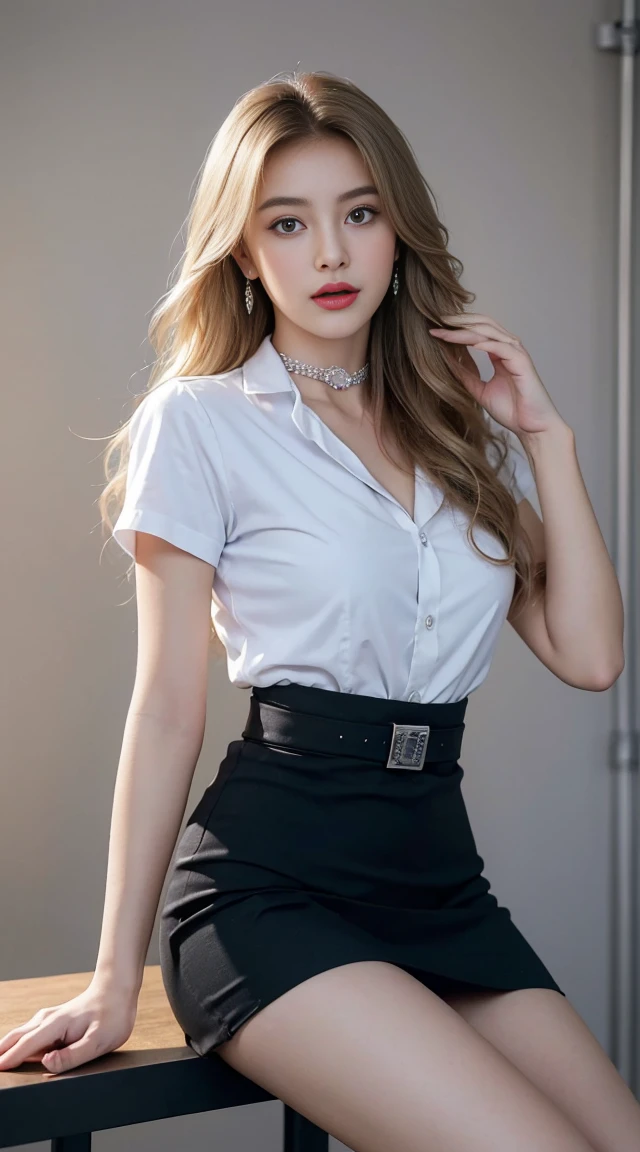 (8k,high resolution,Masterpiece, best quality, alone, complicated details, Chromatic aberration), realistic, ((Moderate breath)), hair in one eye,purple eyes, round hoop earrings, sharp eyes, Choker decorated with diamonds, (symmetrical eyes),(Perfect symmetrical body),Photo of a beautiful 21 year old teenage girl.,(fit the body), ,Beautiful and charming with contemporary fashion paintings as well....., looking at the audience, ((Behind the scenes of a large classroom)), (black short skirt), ((The young woman wore a form-fitting white short-sleeved shirt.., Unbuttoning the buttons, Revealing a little breast..)), ((A short black pencil skirt with a deep slit on the side...)), belt, ((Put your hands down.)),blonde hair, Bob, long hair, Side flatness,,blonde hairทองแดง, sit, sharp eyeliner, Blush eyeshadow with thick eyelashes, Very delicate and beautiful, round chin, Sharp focus, elegant,sitบนโต๊ะเรียน ยกขาข้างหนึ่งขึ้นให้อยู่ในระดับสายตา, The legs are slightly spread apart...,dynamic gesture,((Top it off with a crisp 28&quot; dark blue lab coat.&#39;It doesn&#39;t reach your hips..))
