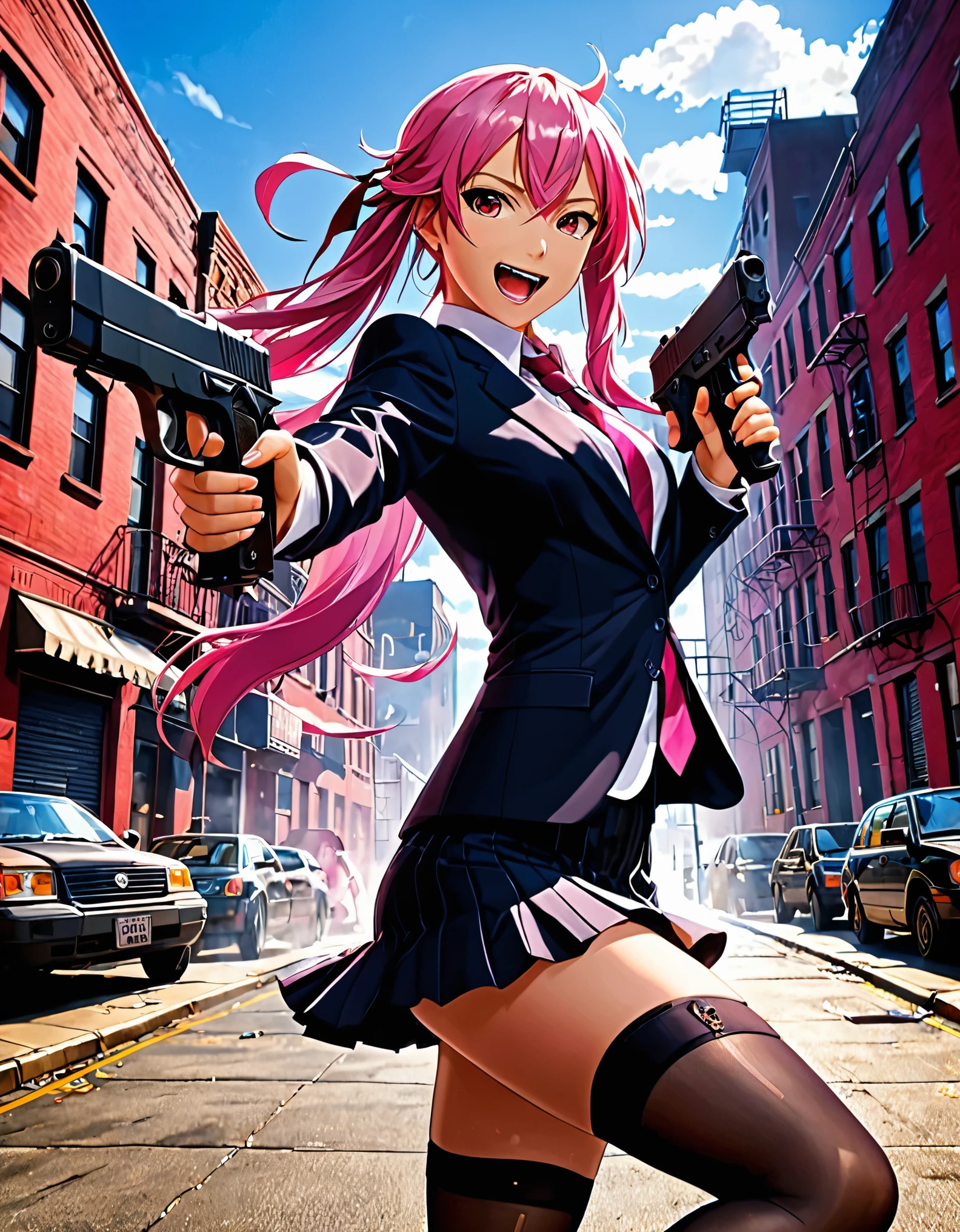 (better lighting, alto contraste, Sharp details), (a person:1.2+female) gasai_yuno,laughing,blush, gangster, Traje negro y corbata, Camisa blanca, falda negros, zapatos negros pulidos, de pie, dynamic action pose, sosteniendo dos pistolas, Beretta 92, fogonazo, casquillos de bala, humo de pistola, agujeros de bala, apuntando al espectador, pelo rosa largo, pelo rosa, cabello largo, cabello arreglado, orejas de gato, 28 years, intense action, Brooklyn, high end apartment backdrop, vivid colors, high saturation, dramatic shadows.