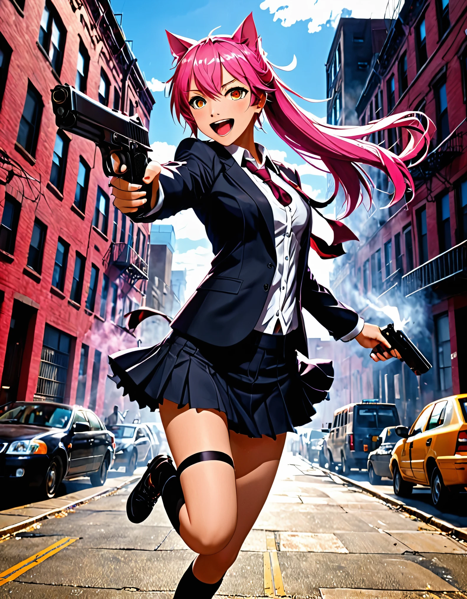 (better lighting, alto contraste, Sharp details), (a person:1.2+female) gasai_yuno,laughing,blush, gangster, Traje negro y corbata, Camisa blanca, falda negros, zapatos negros pulidos, de pie, dynamic action pose, sosteniendo dos pistolas, Beretta 92, fogonazo, casquillos de bala, humo de pistola, agujeros de bala, apuntando al espectador, pelo rosa largo, pelo rosa, cabello largo, cabello arreglado, orejas de gato, 28 years, intense action, Brooklyn, high end apartment backdrop, vivid colors, high saturation, dramatic shadows.