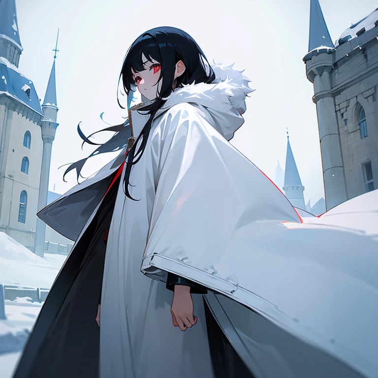Black haired girl with pastel blue locks with red eyes pale skin wearing a white coat with black fur hood standing outside a castle while there is a snow storm 
