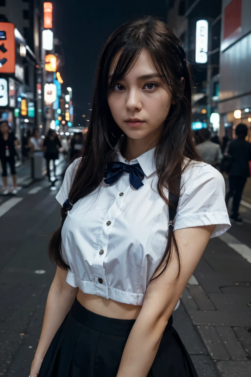 best qualtiy, Ultra-high resolution, (realisticlying:1.4),(natta),(looking at viewert:1.331),(whaite hair),posing on a,Tokyo Street,nightcityscape,Cyberpunk-city,the soft light,1girll,extremely beautiful face,chest circumference,putdownhands,random hair style,Random expressions,largeeyes,Alvine,(short- sleeved。JK_shirt), JK_style, (darkblueJK_skirt), (bowJK_tie), mix4., best qualtiy