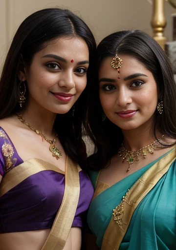 two women in colorful saris standing on a staircase way, india,highly detailed face, realistic eyes, eye cintact, cute smile, laughing hard, trending perfact cute face,30 year, sari, draped in silky purple and gold, draped in purple and gold silk, green magenta and gold, wearing a sari, wearing sari, colourful, with beautiful colors, hindu, flowing aqua silk, beautiful look, festival of rich colors, mid shot portrait, cyan and gold scheme