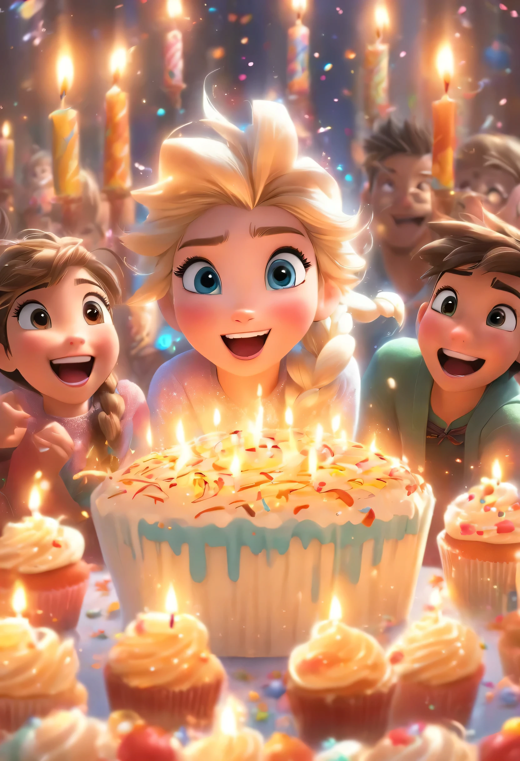 Large happy kids birthday party scene for 4-6 kids, Cupcakes, Candles and Disney《frozzen》Elsa stands in the background, Celebration style, Detailed depiction of the facial structure of the character, Bright overall color, Candles on cakes, author:Charles S.. Schultz