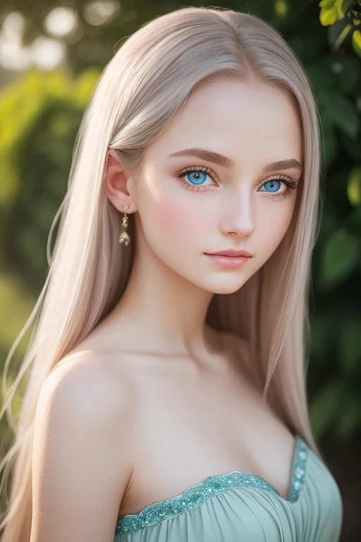 In the captivating portrait of the enchanting 18-year-old woman, you'll notice every detail of her flawless beauty: perfect porcelain skin, long golden locks, pink lip, wear ligh green dress and eyes that sparkle like blue ocean. Her elegant figure, illuminated by soft, ethereal light, draws attention to her delicate features and captivating presence. And at the same time, you'll notice a special charm - a small dimple on her chin, adding even more character to this captivating personality. Her gray-blue eyes, striking on a hot summer day, attract attention and enchant with their depth.