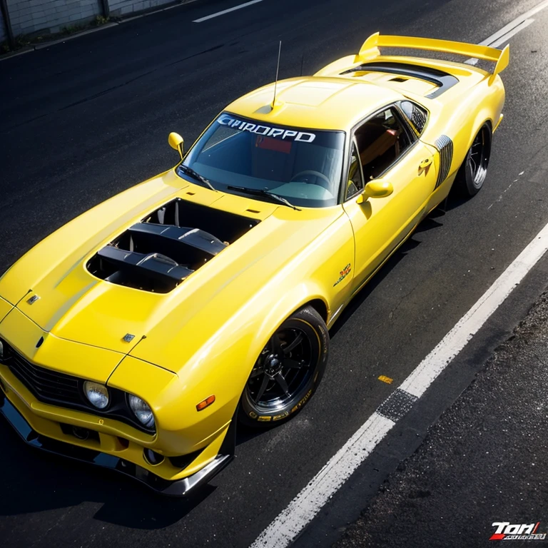 American、Chopped Car、Old Car、Wide tires、Exposed supercharged big engine、Turbocharger、supercharger、Full Tune、Drag car、Black body, yellow stripes liveries、Low ride car