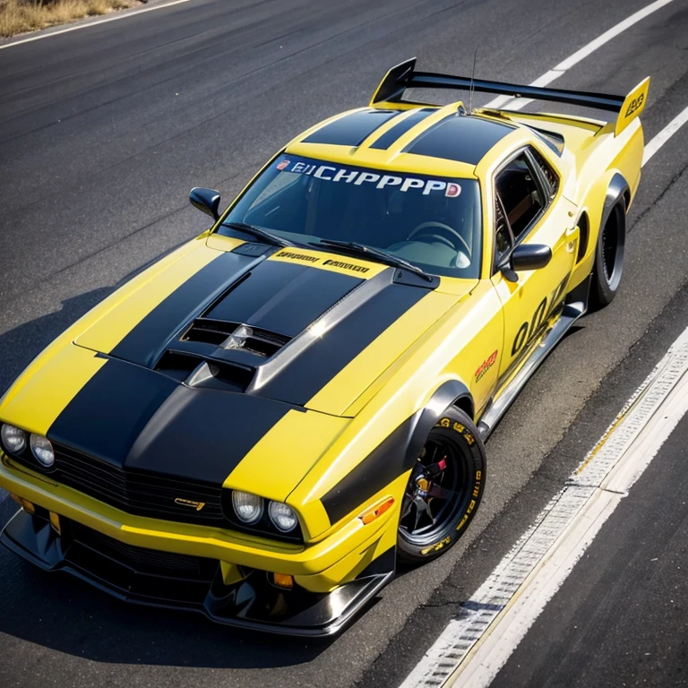 American、Chopped Car、Old Car、Wide tires、Exposed supercharged big engine、Turbocharger、supercharger、Full Tune、Drag car、Black body, yellow stripes liveries、Low ride car