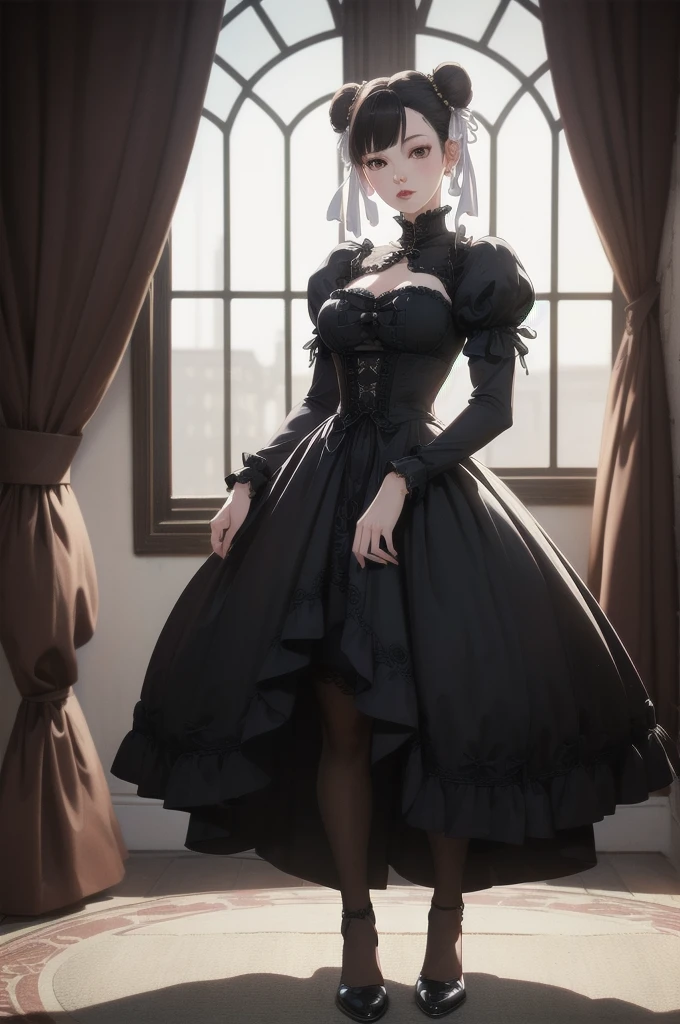 (vivid colors,ultra-detailed),(best quality,realistic:1.37)chun li as a Victorian goth girl in a dark Victorian era backdrop, full body, reimagined